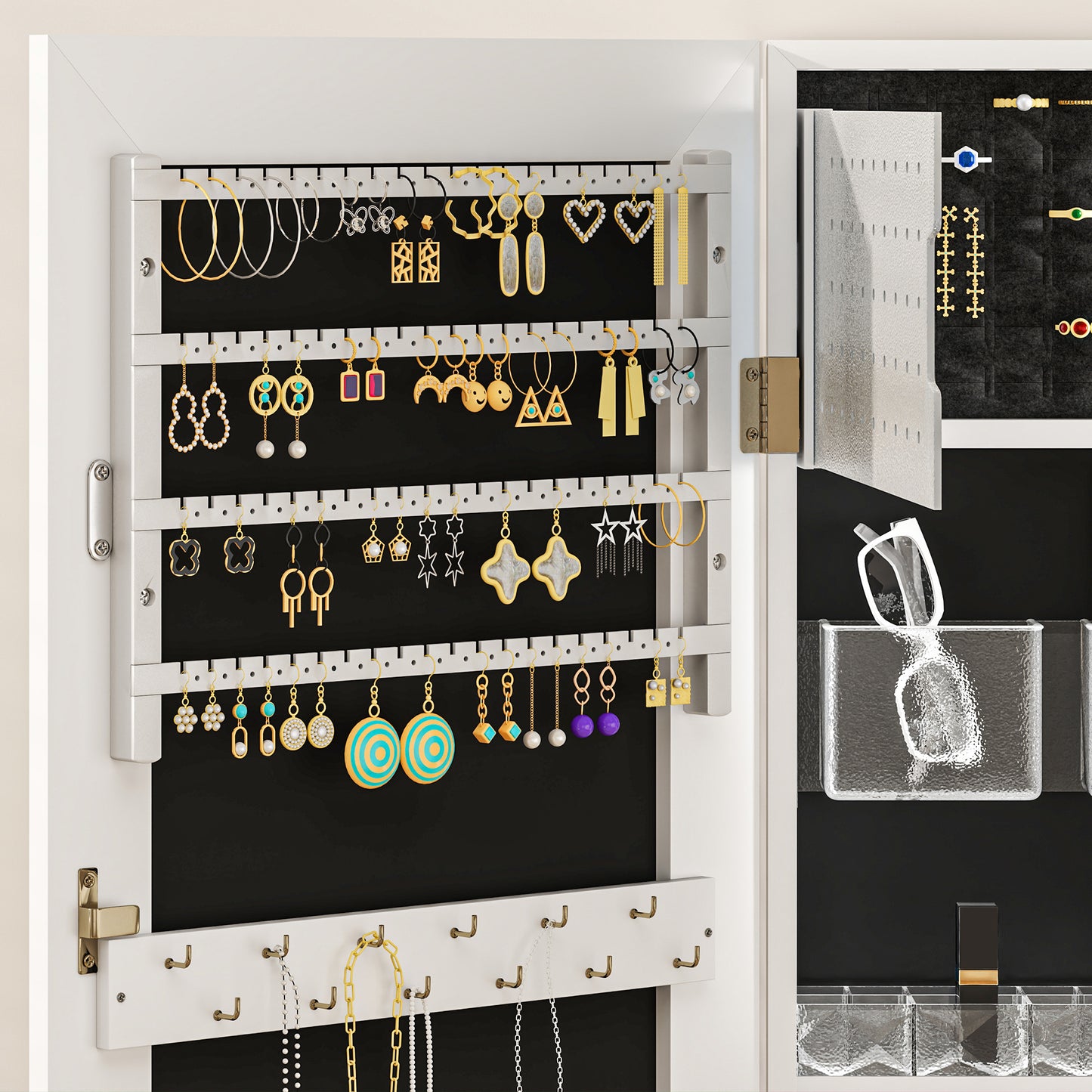 108 x 37cm Lockable Jewellery Cabinet, with LED Lights - White Surface and Black Lining