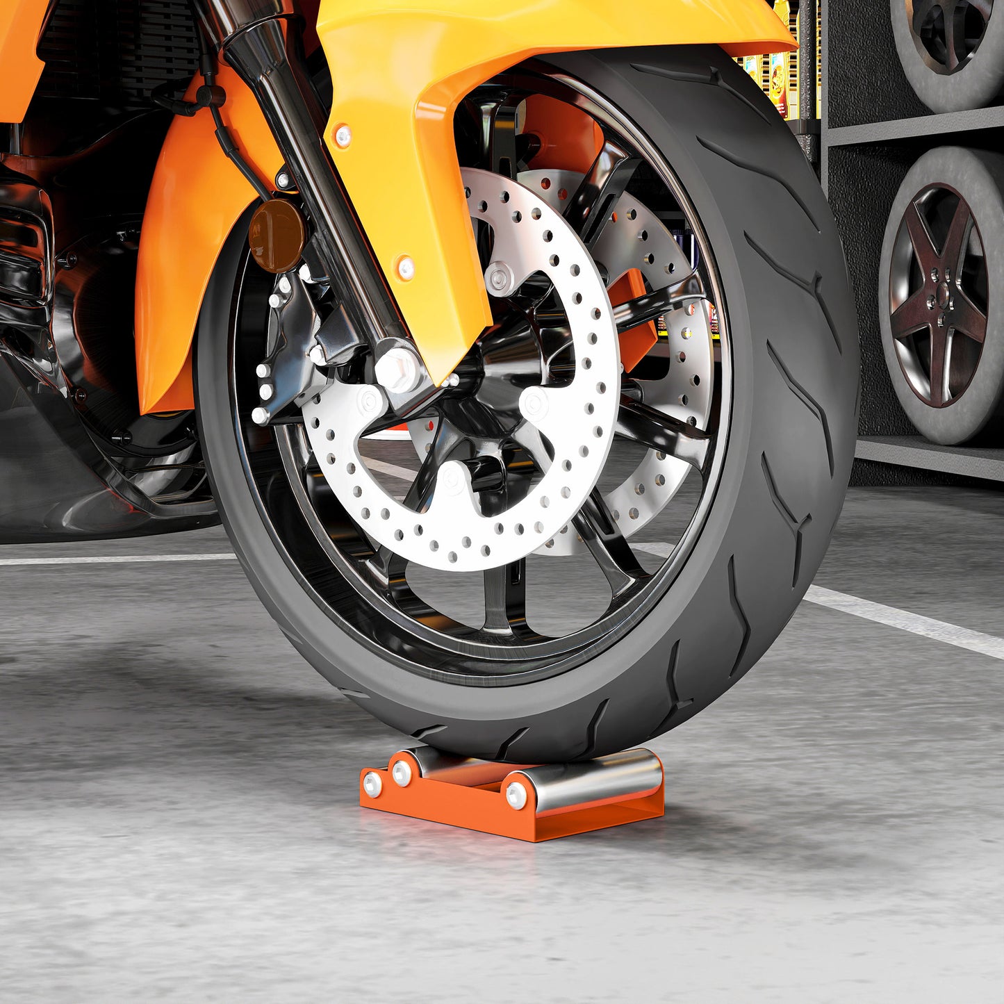 Motorcycle Wheel Cleaning Roller Maintenance Stand with Steel Frame, Aluminium Rollers, for Tyre Cleaning and Chain Lubrication, Fit Tyre Width < 180mm, Bikes < 485lb, Orange