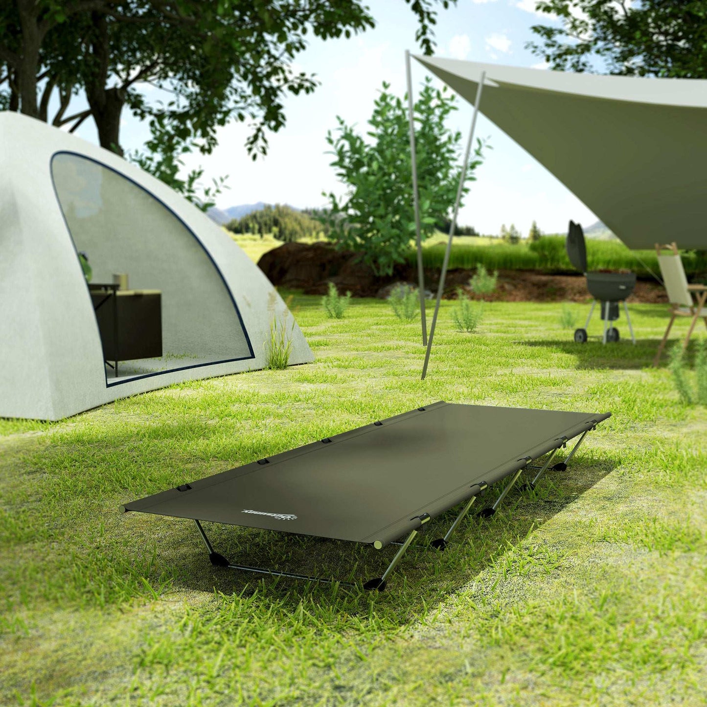 Outsunny Lightweight Camping Bed, w/ Strong Support 150kg and Carry Bag for Camping, Dark Green