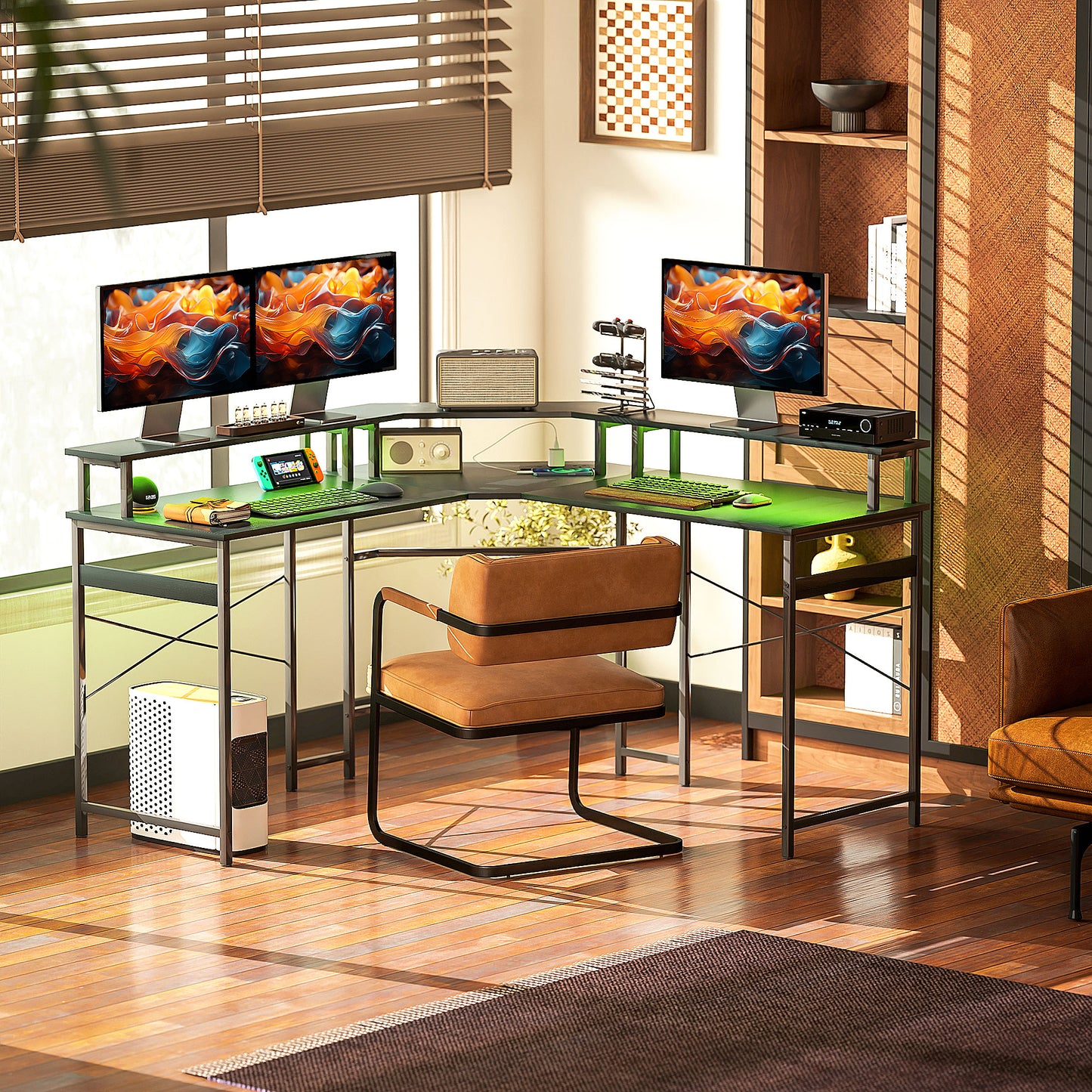 L Shaped Work Computer Desk, with LED Lights - Black