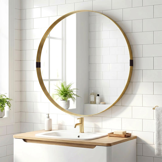 Round Wall Mirror | Shatterproof Tempered Glass | Anodised Aluminium Alloy Frame | 4cm Deep 3D Effect | 61cm Diameter | No Assembly | Gold Tone