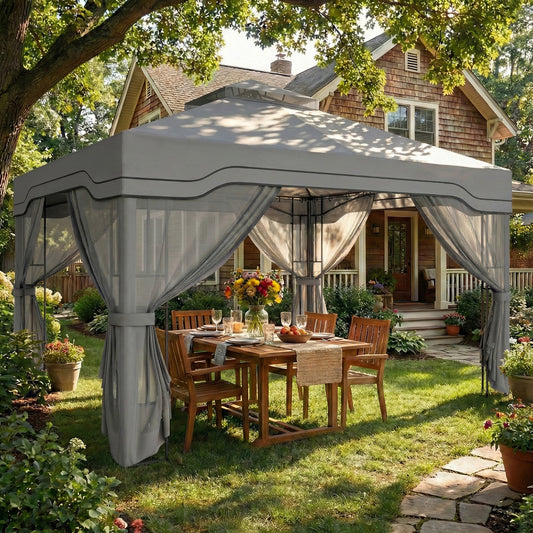 3x3.6m Permanent Garden Gazebo | Double-Tier UPF50+ Roof | Mesh Panels | Integrated Corner Shelves | Ceiling Hook | Triangular Powder-Coated Posts | Expansion Screws | Ground Stakes | Dark Grey