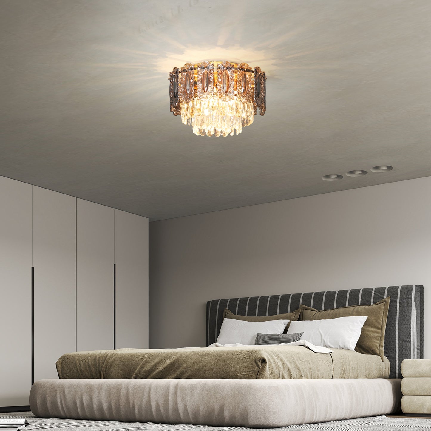 Chandelier Ceiling Light, 3-Light Vintage Flush Mount Fixture with Dual Crystal and Smoke Glass Shade, LED Ceiling Light for Living Room Bedroom, 3 E27 Sockets, Bulbs Not Included, Gold Tone