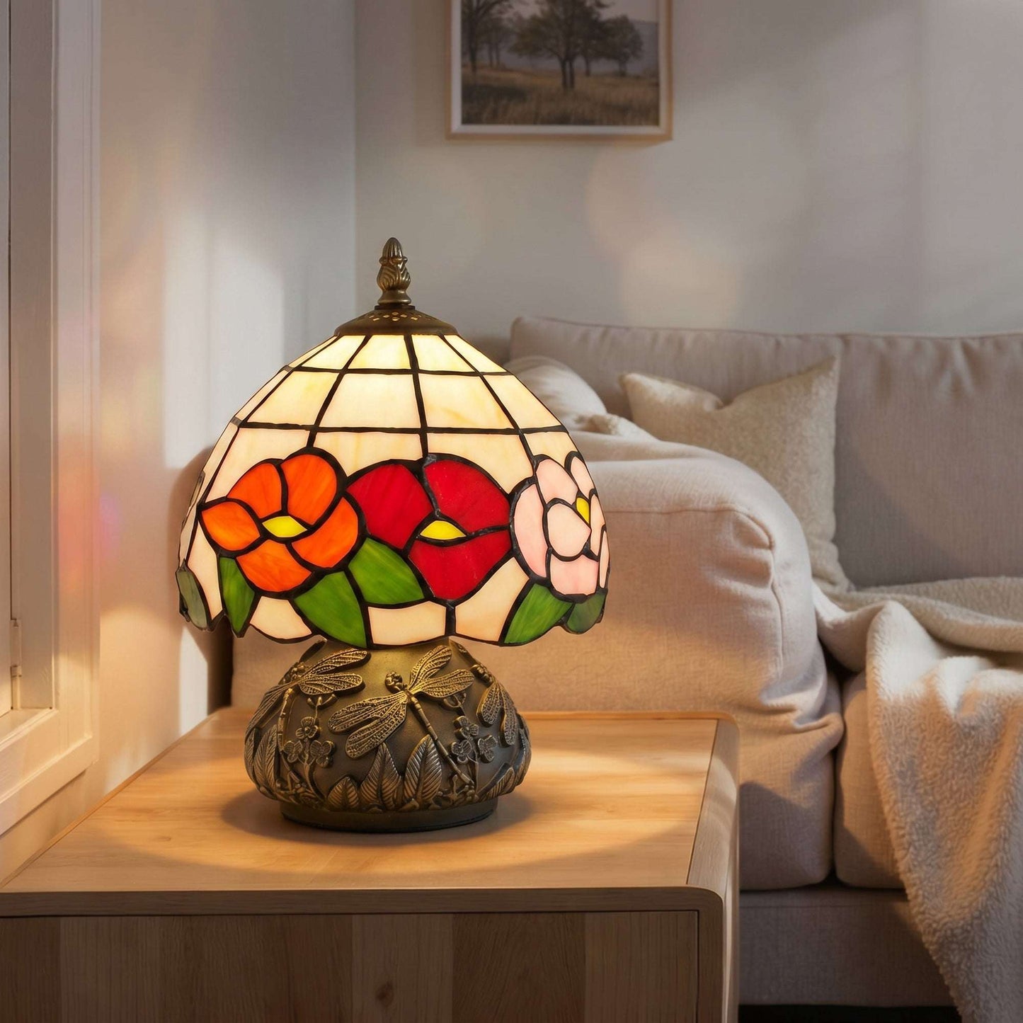 Tiffany-Style Handcrafted Stained Glass Table Lamp | Floral Motif | Sculpted Dragonfly Bronze Resin Base | Rocker Switch | E27 40W Max | 150cm Cable | Φ20x28cm | Multi-Coloured