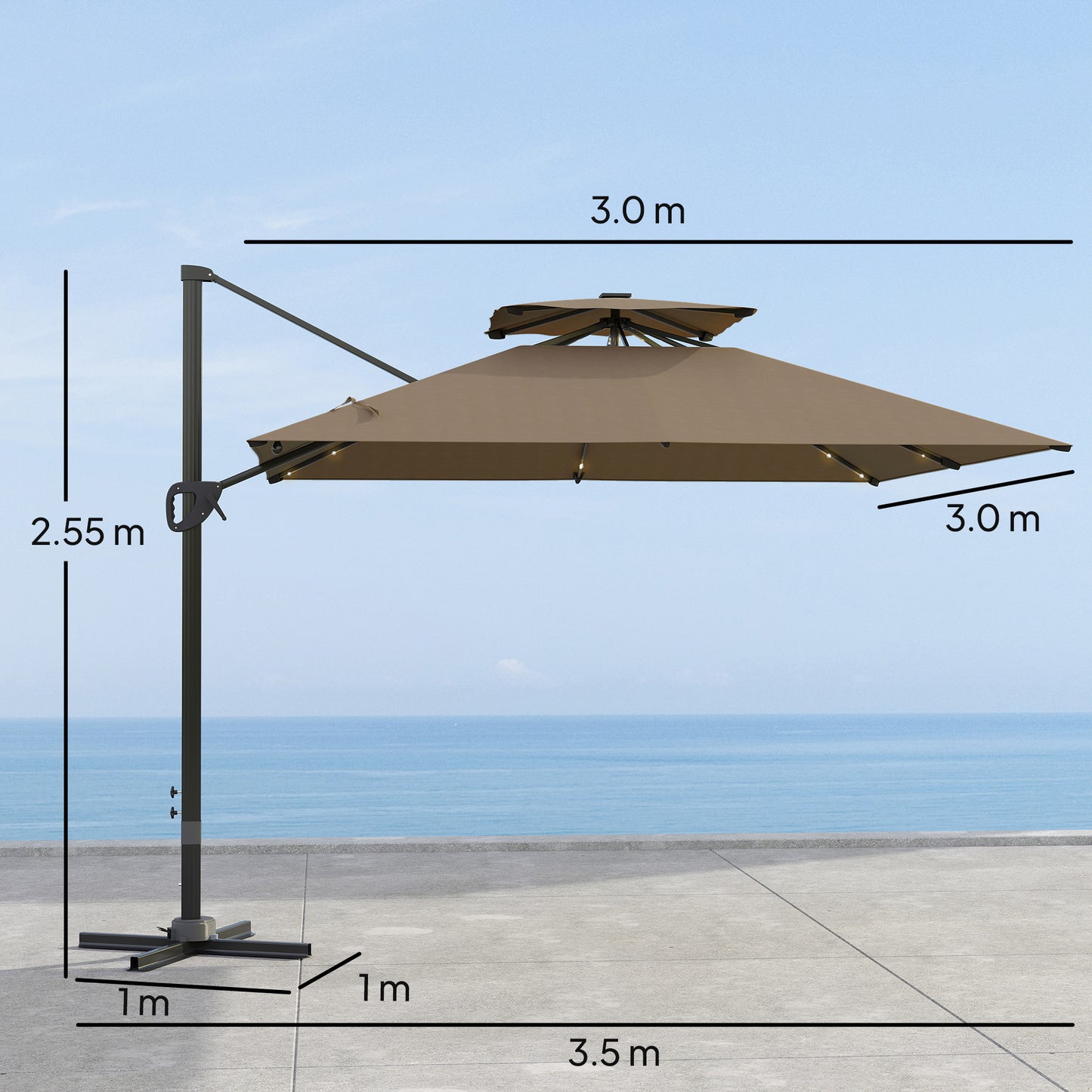 Outsunny 3.5x3 m Garden Cantilever Parasol with Solar LED Lights and Centre Light, Aluminium Large Square Patio Umbrella, UPF50+ Hanging Sun Shade with Cross Base