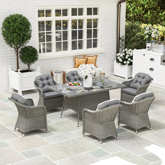 6 Seater Outdoor Garden Furniture Dining Set with Seat and Back Cushions, PE Rattan Table and Chairs, Rectangular Glass Top Table