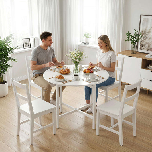Drop Leaf Folding Dining Table | Round Top | 3 Modes | Folds to 11.5cm | Melamine Waterproof Top | Steel Frame | 30kg | White