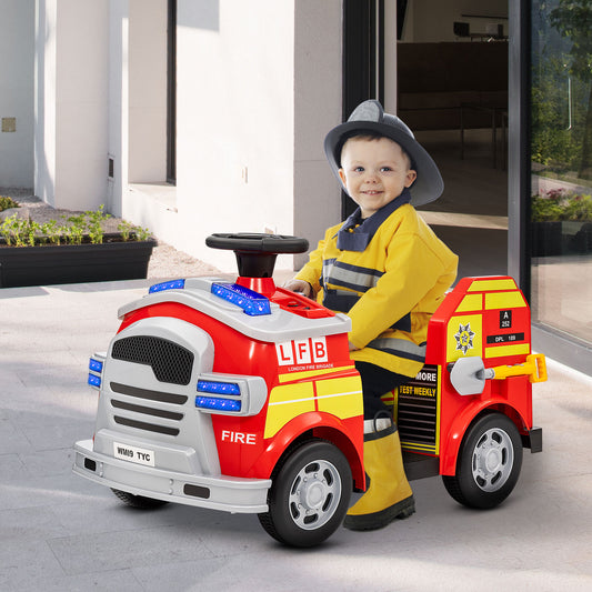 AIYAPLAY Ride on Fire Truck, 12V Kids Electric Car with Siren and Flashing Lights, Firefighting Tools, Music Horn, Slow Start