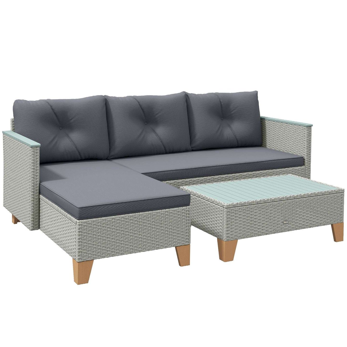 3 Pieces Rattan Garden Furniture Set, L Shaped Garden Conversation Chaise Lounge Furniture with Wood Top Coffee Table and Thick Cushions