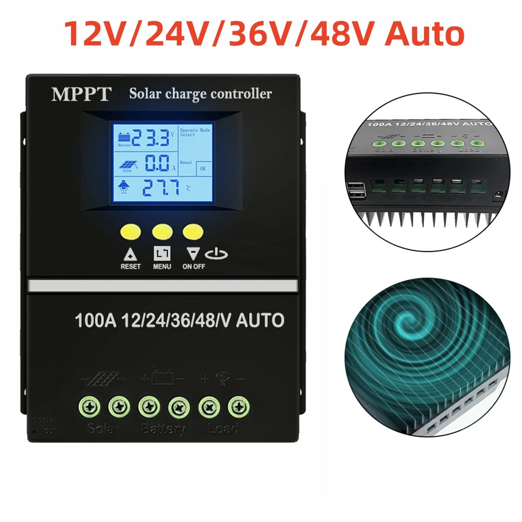MPPT Solar Charge Controller 12V 24V Solar Panel Battery Charger 30A 40A 50A 60A 100A Dual USB LCD Display Regulator with Load