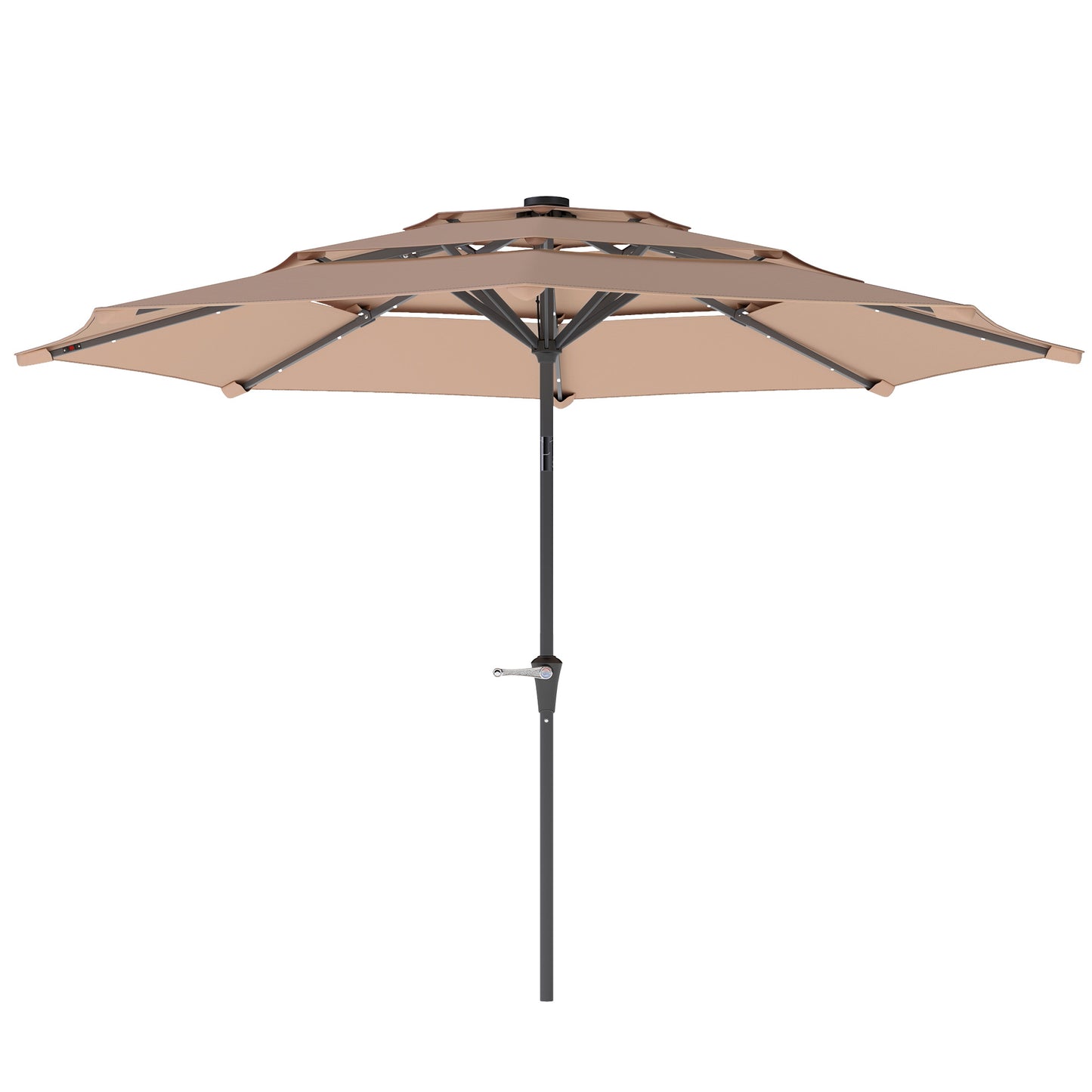 Outsunny 3-Tier Garden Parasol with Solar LED Lights, UPF 30+, Tilt Mechanism & Crank Handle, for Market Terrace, Dark Grey