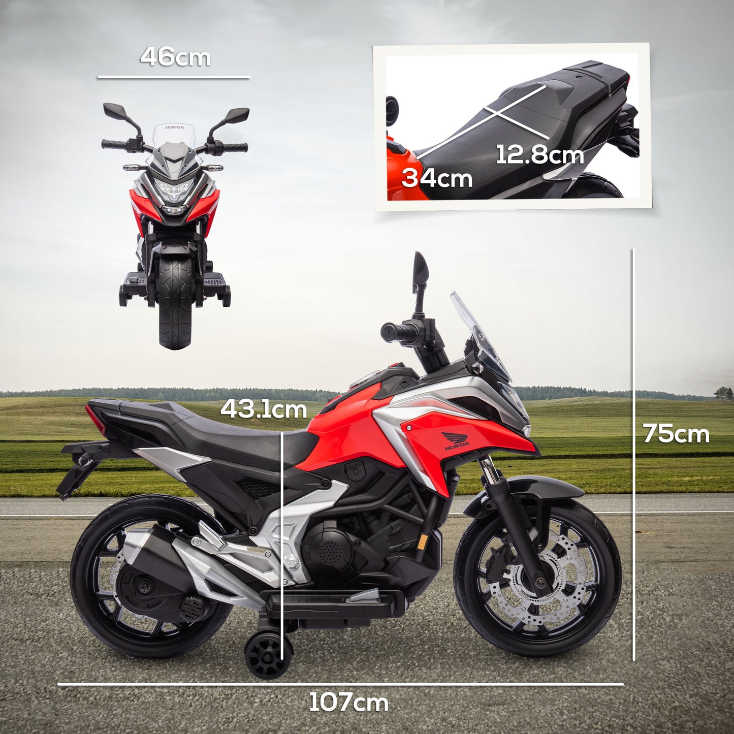 AIYAPLAY 12V Honda Licensed Kids Electric Motorbike w/ Music, Headlights, Early Education Function, for 3-6 Years