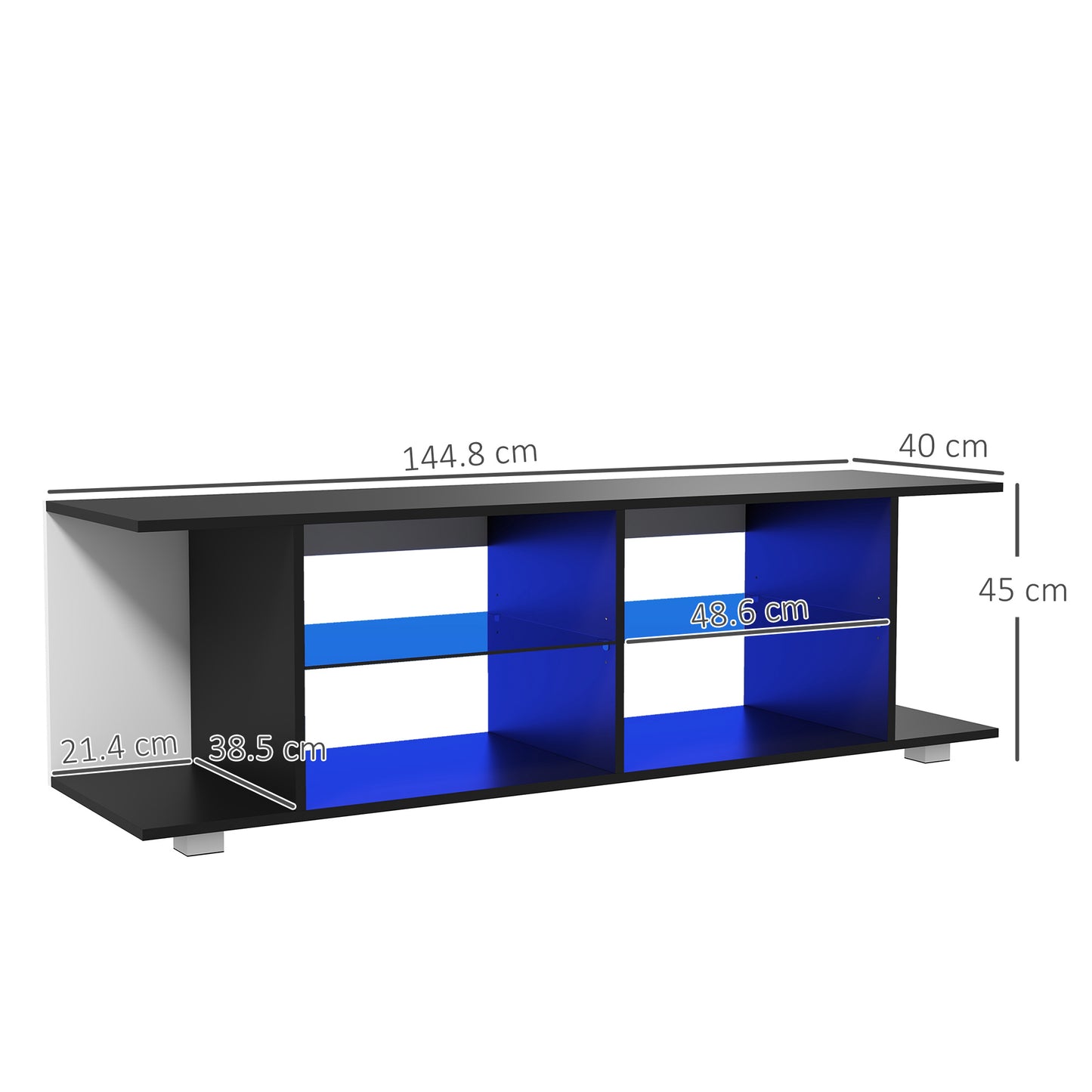 TV Stand, 145cm Modern TV Unit with Glass Shelves, RGB LED Light for 32 40 43 50 52 55 60 inch 4k TV, Black