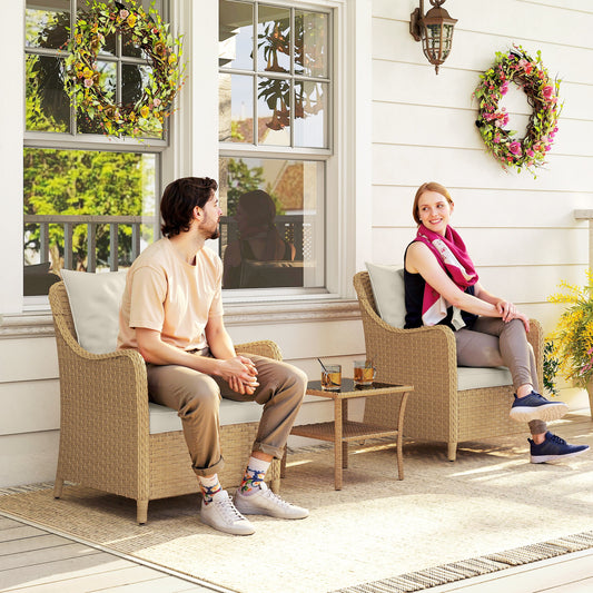 Outsunny Rattan Garden Chairs Set of 2, Outdoor Rattan Chairs with Cushions, Armrests and High Back, PE Wicker Garden Armchair with Steel Frame for Balcony, Porch