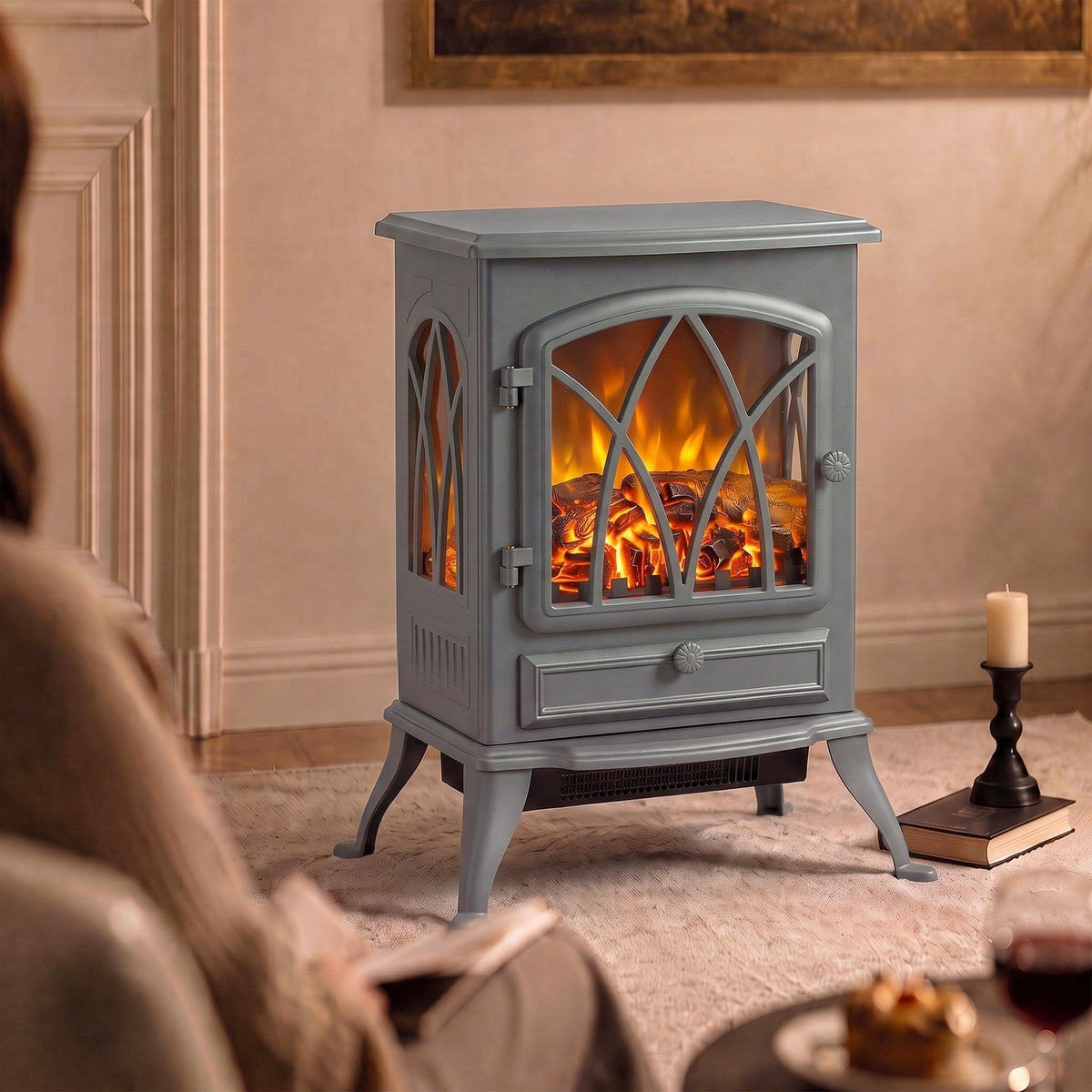 Electric Fireplace Stove | Grey Freestanding 2000W Heater with Adjustable LED Flame & Thermostat