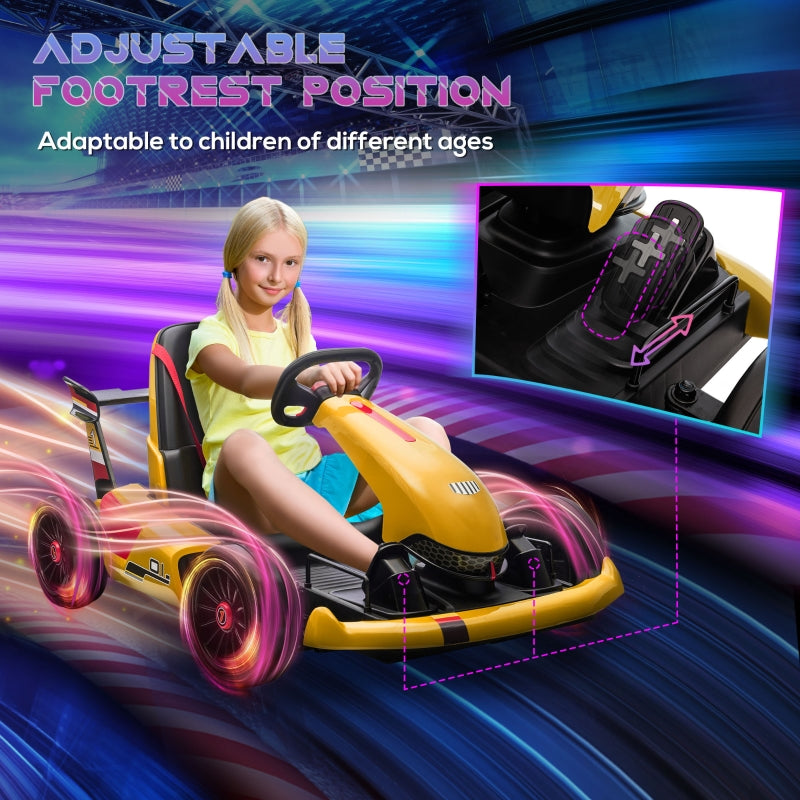 Electric Go Kart with Adjustable Footrest, Reversing Steering Wheel, Kids Ride-On Racing Go Kart with 12V Rechargeable Battery, 2 Speeds, Remote, Light Music Horn, Toy for Boys Girls