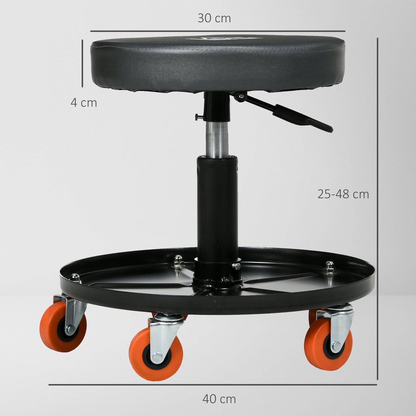 Workshop Stool Pneumatic Adjustable Height, Rolling Mechanic Stool W/ 360 Degree Swivel Padded Seat and Tool Tray, Garage, Workshop, Auto Repair