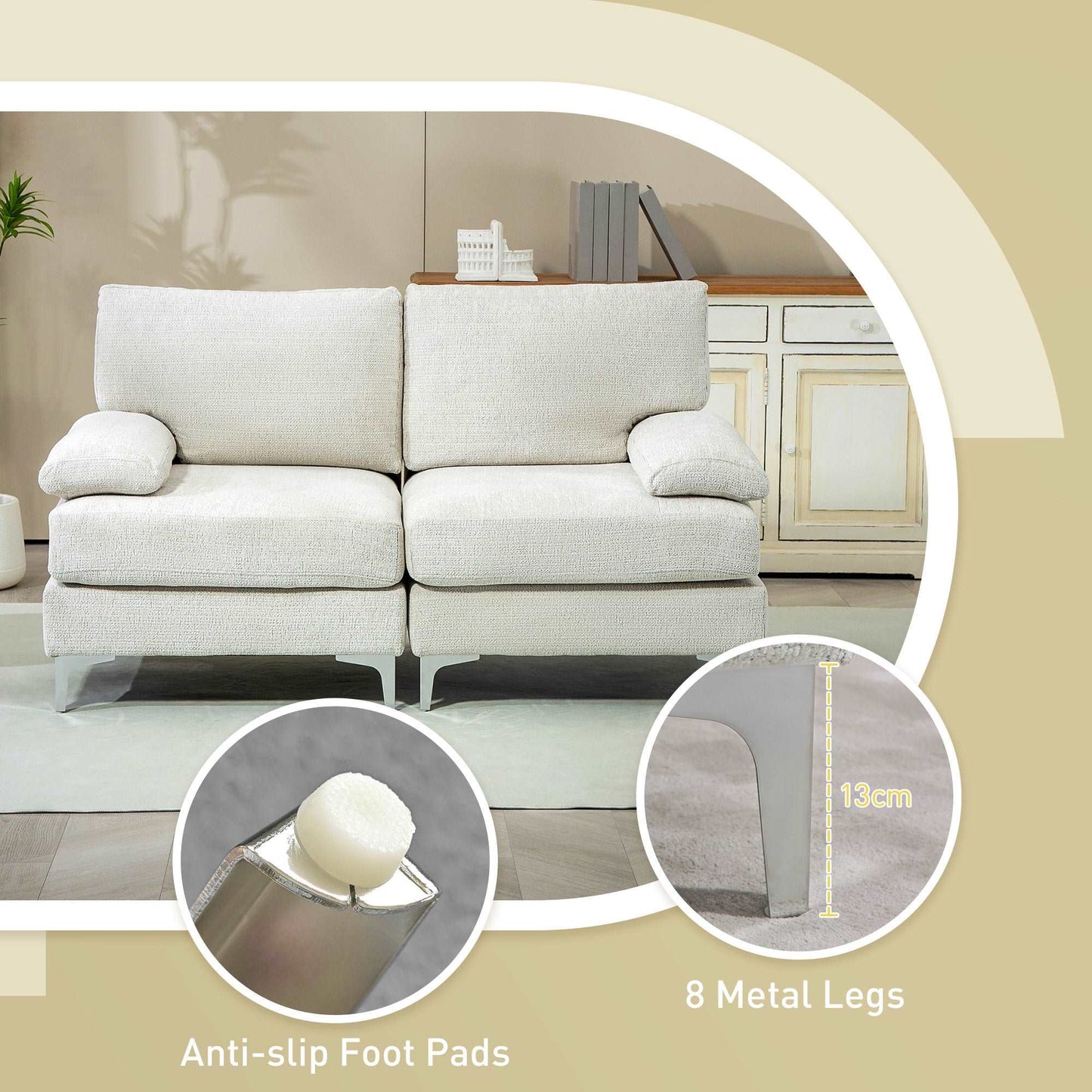 2 Seater Sofa, Modern Fabric Loveseat with Spring Cushion and Metal Legs, Small Couch for Living Room, Bedroom, Home Office, Reception, Cream White