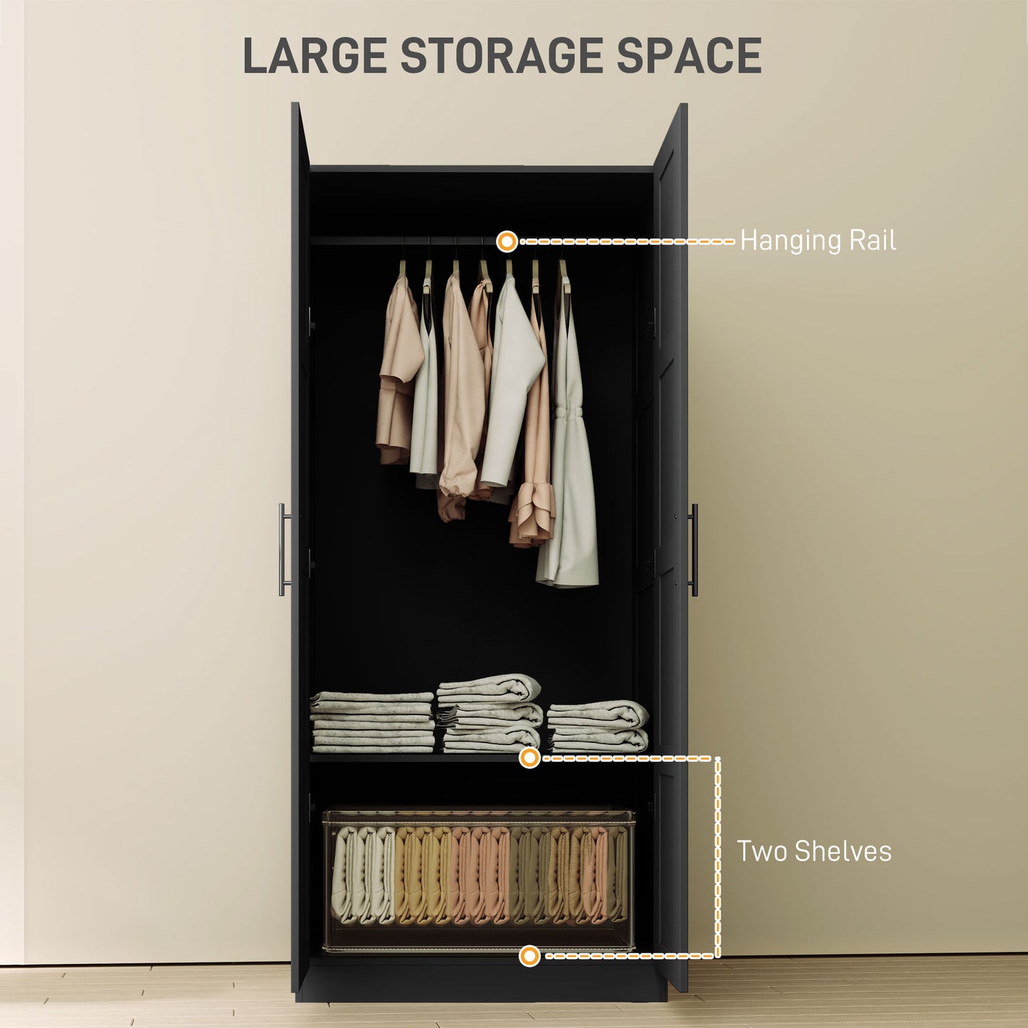Double Paneled Door Wardrobe, with Shelves - Black