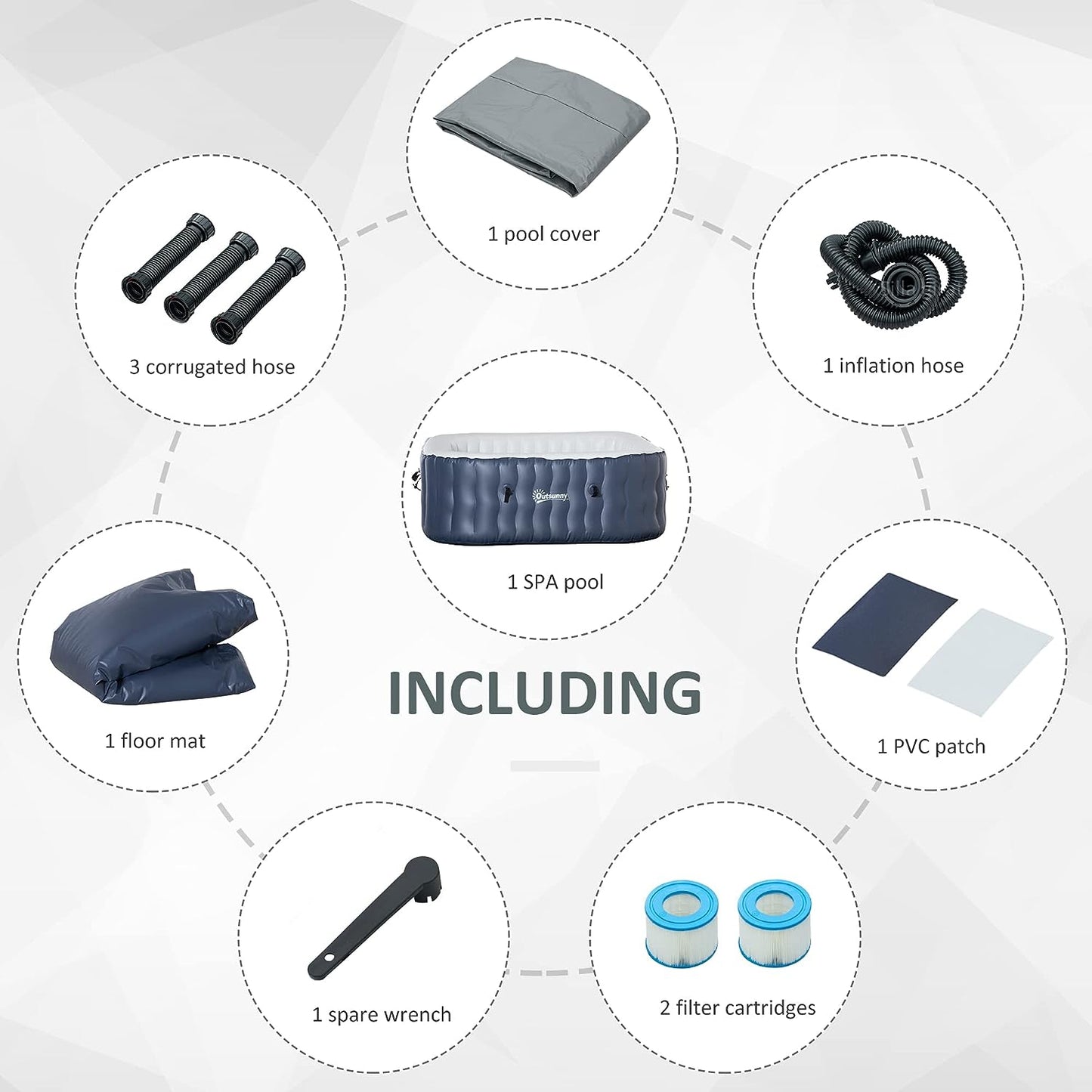 Square Hot Tub Inflatable Spa Outdoor Bubble Spa Pool with Pump, Cover, Filter Cartridges, 4-6 Person, Dark Blue