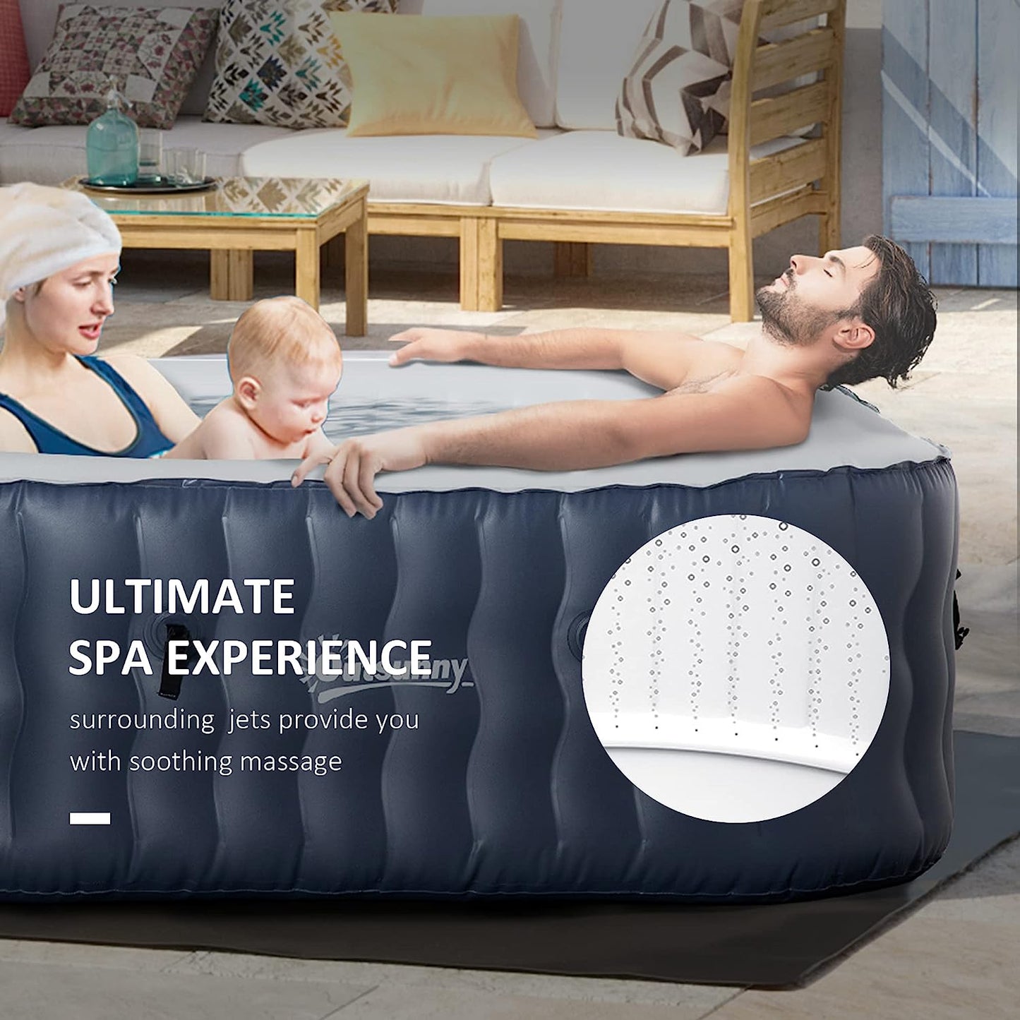 Square Hot Tub Inflatable Spa Outdoor Bubble Spa Pool with Pump, Cover, Filter Cartridges, 4-6 Person, Dark Blue