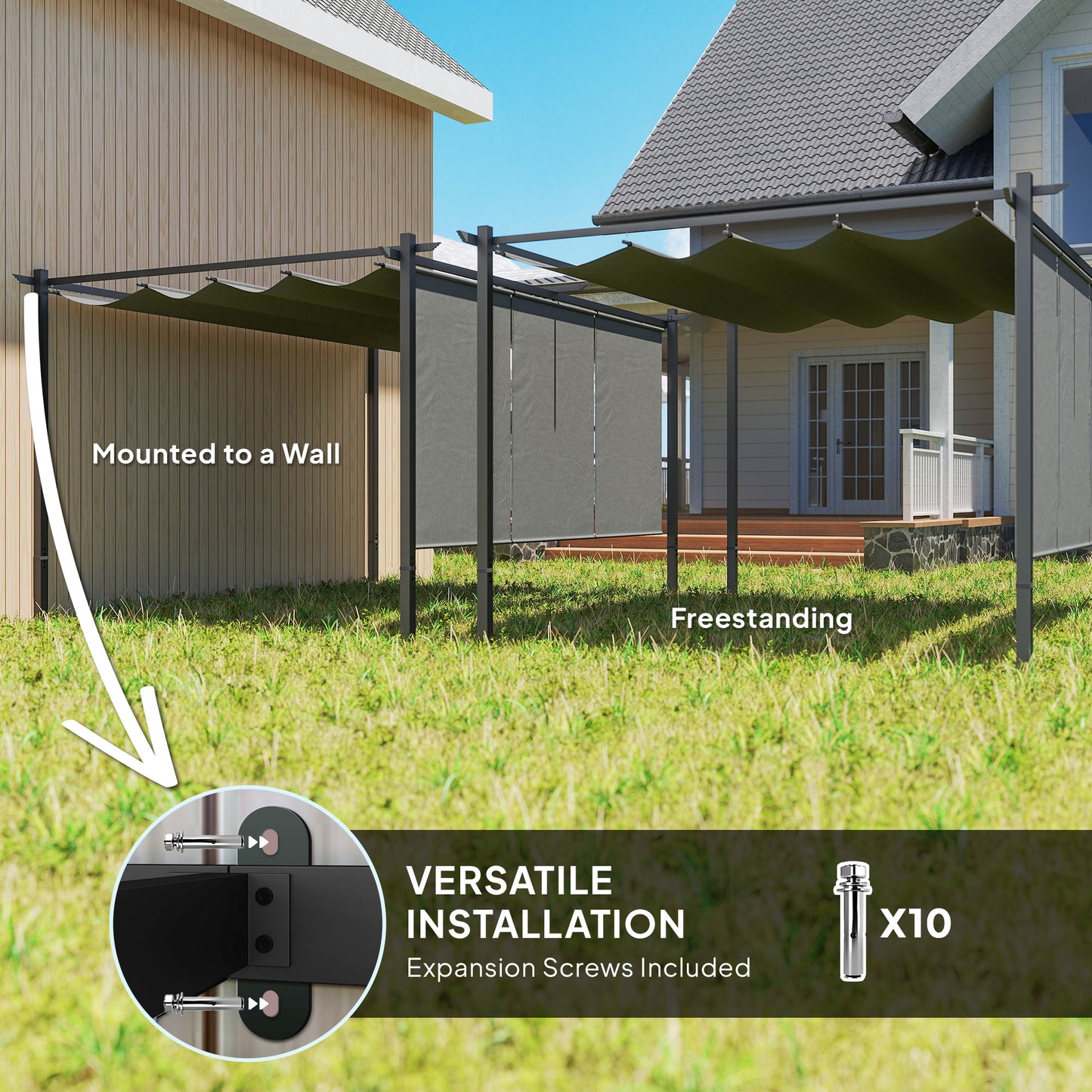 3 x 4m Metal Pergola with Retractable Roof and Roller Shade, Wall-Mounted or Free Standing Garden Gazebo Canopy Kit, Sun Shade Shelter, Grey