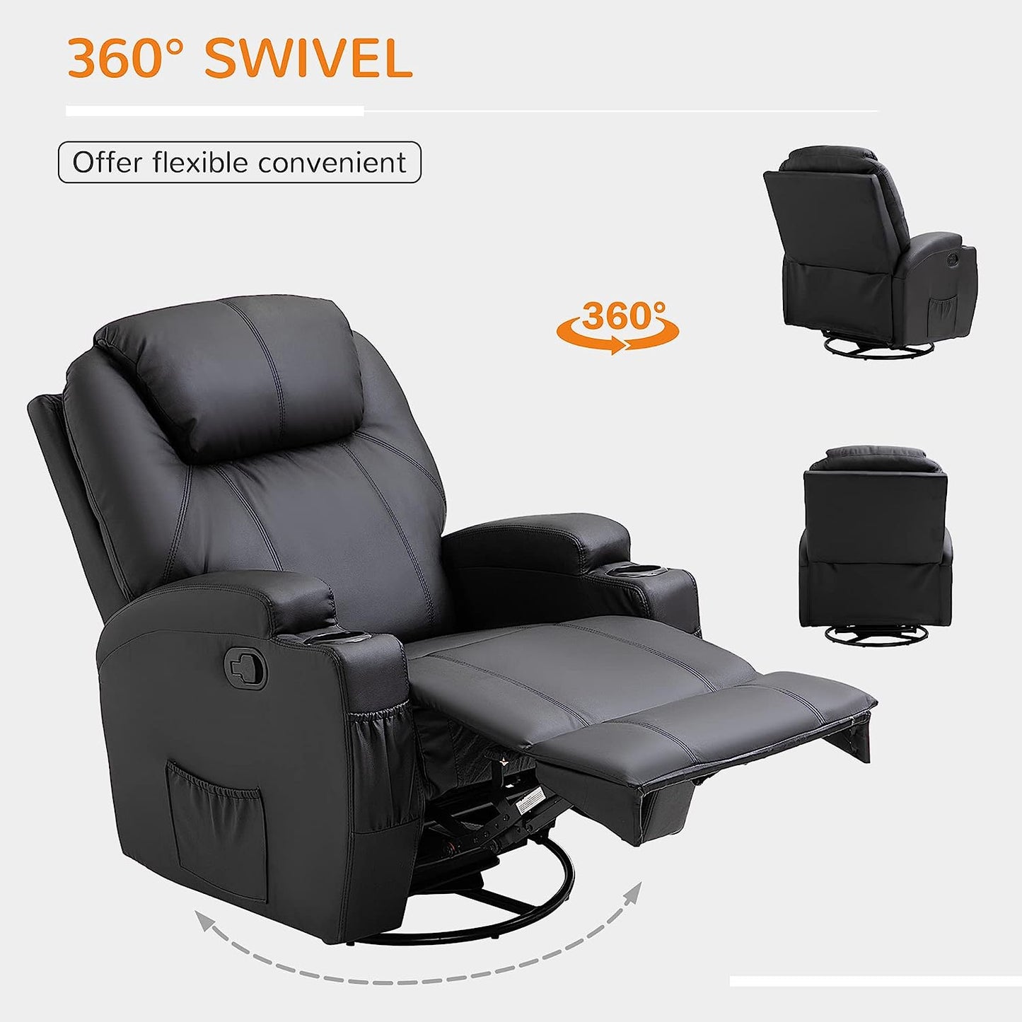 Recliner Sofa PU Leather Armchair Cinema Massage Chair Swivel Nursing Gaming Chair Black
