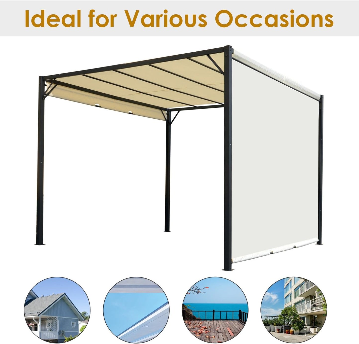 3 X 3 Meters Pergola with Retractable Sides, Garden Gazebo / Adjustable Sun Shade Canopy and Steel Frame, Cream