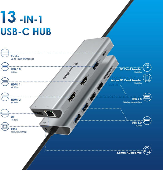 USB C Docking Station, WAVLINK 13 in 1 Multiport USB C Adapter Docking Station Hub With 2 HDMI 4K Display Port 5 USB 89W PD