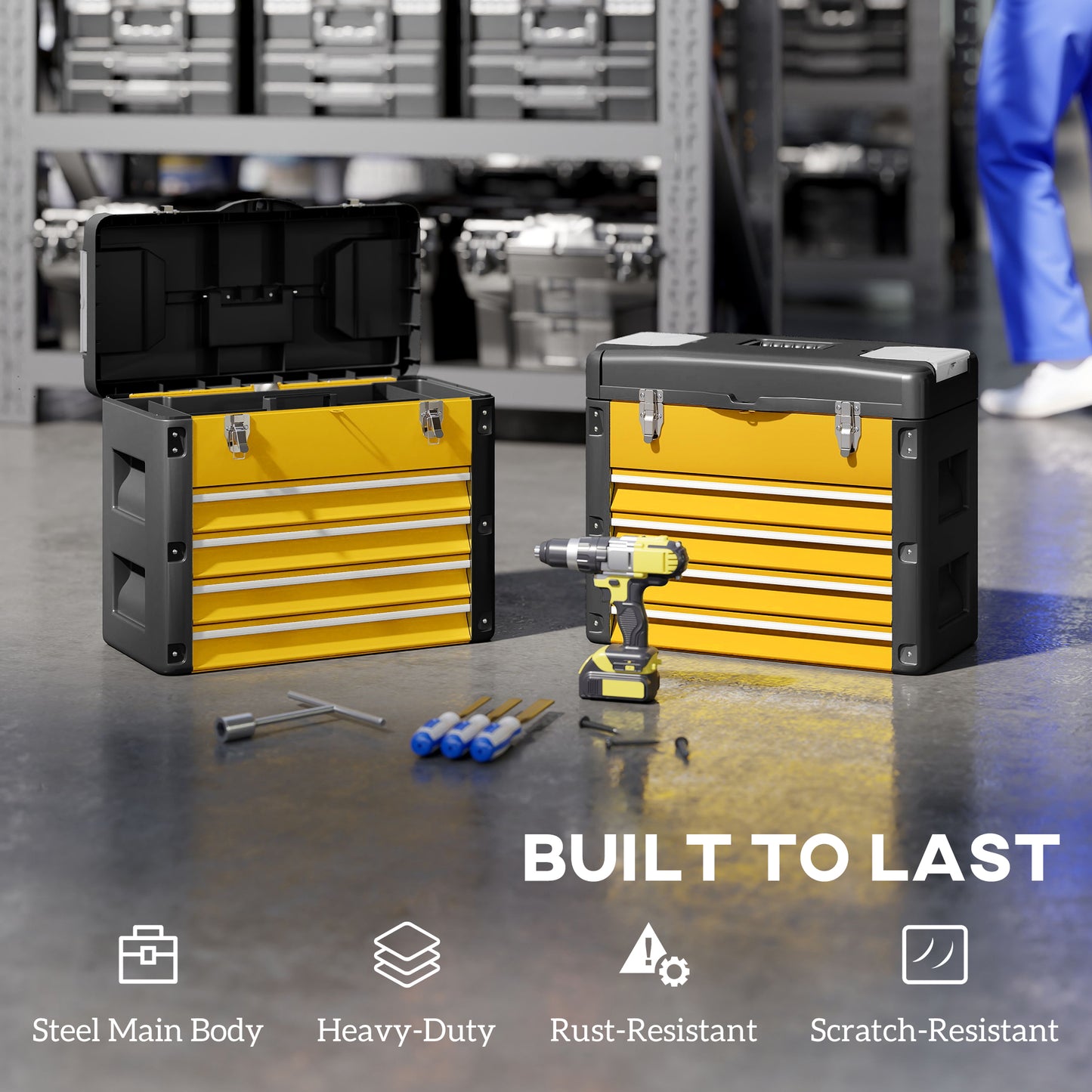 4 Drawers Large Toolbox - Yellow / Orange