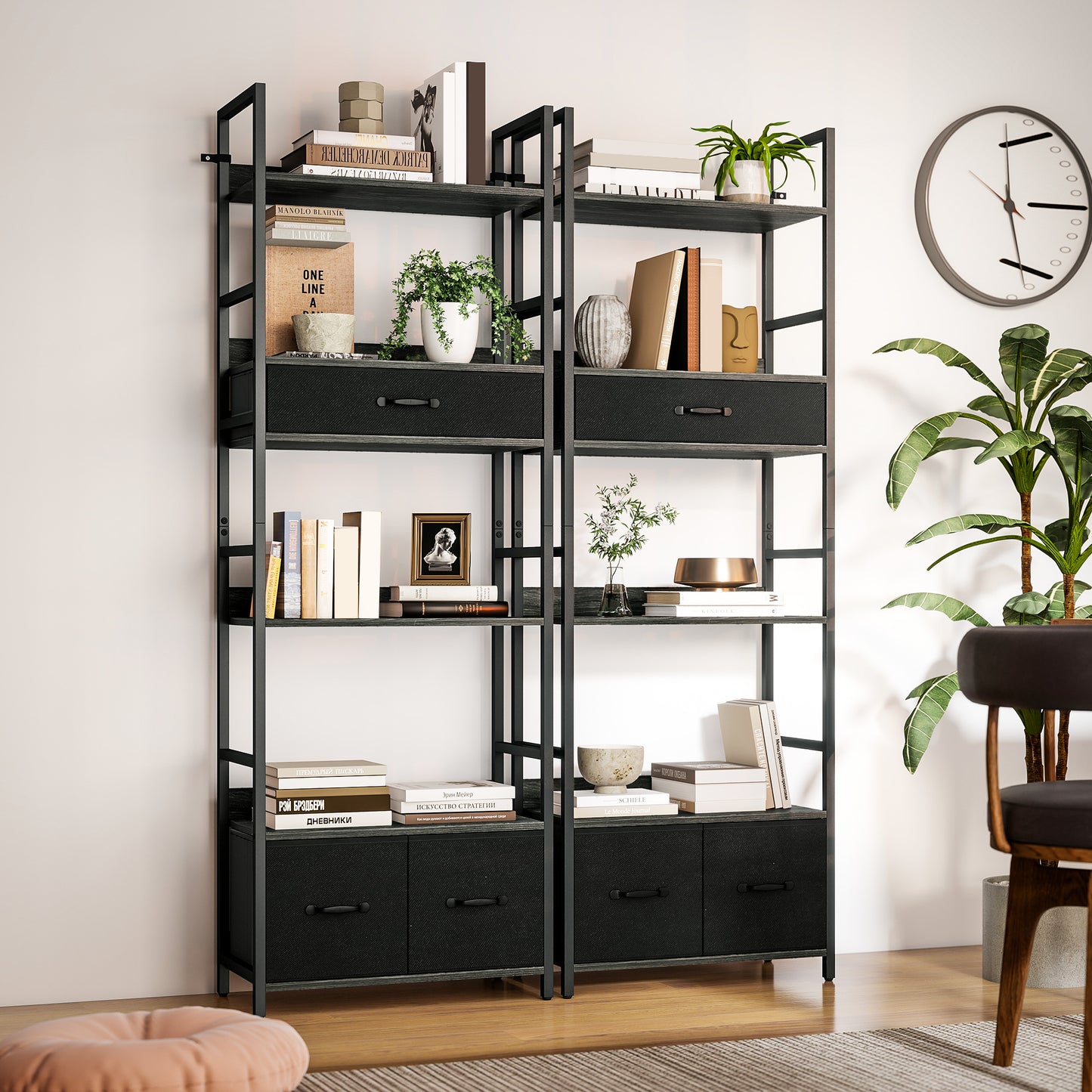 Industrial Bookcase, 6-Tier Tall Bookshelf with 3 Fabric Drawers - Grey