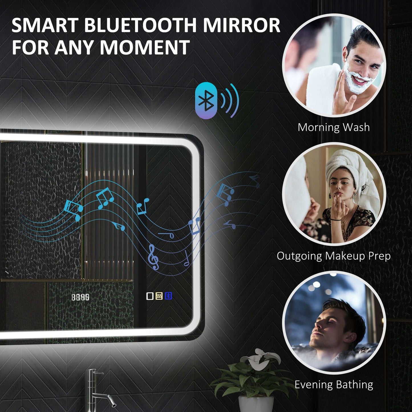 60 x 80 cm Bluetooth LED Bathroom Mirror with Clock Anti-Fog - Silver Tone