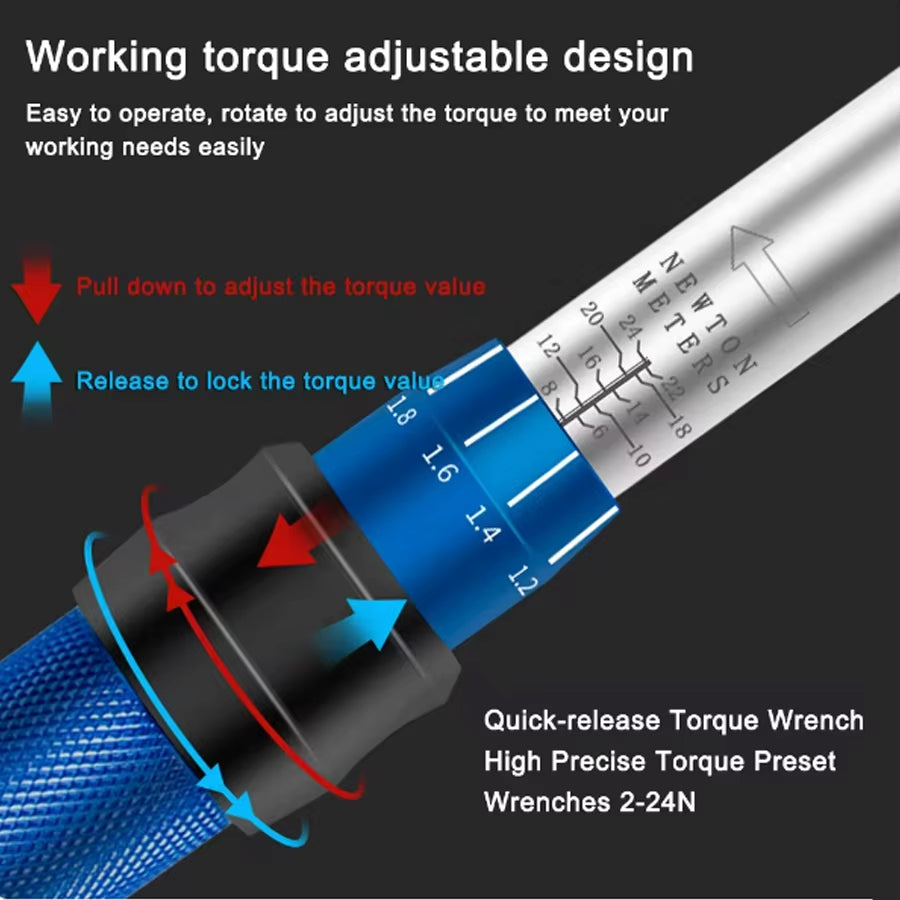 Quick-Release Torque Wrench Repairing Tool High Precise Torque Preset Wrenches 2-24N.M Torque Adjustable 1/4Inch Ratchet Wrench