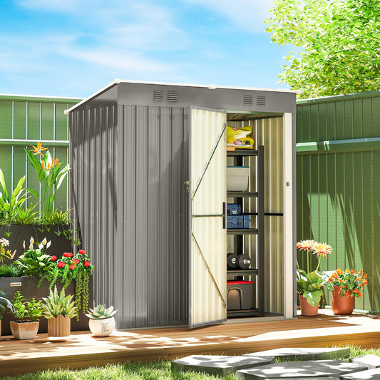 Compact Lean-To Galvanised Steel Garden Storage Shed | Lockable Door | Vent System | Sloped Roof | 20kg/㎡ Snow Load | 163x90x179cm | Patio & Flagstone | Light Grey & White