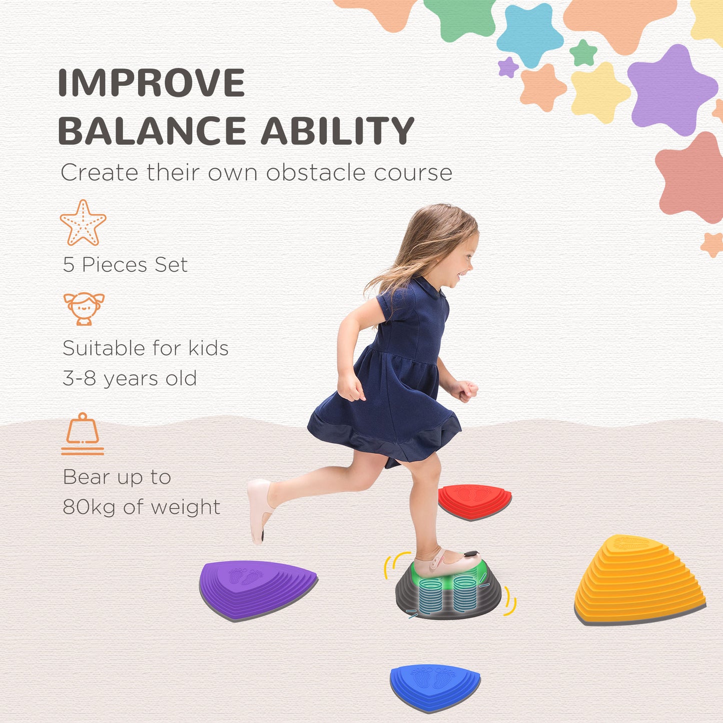 Stepping Stones Kids Balance River Stones 5 Piece Outdoor Indoor, For Obstacle Course, Sensory Play, Stackable, Non-Slip