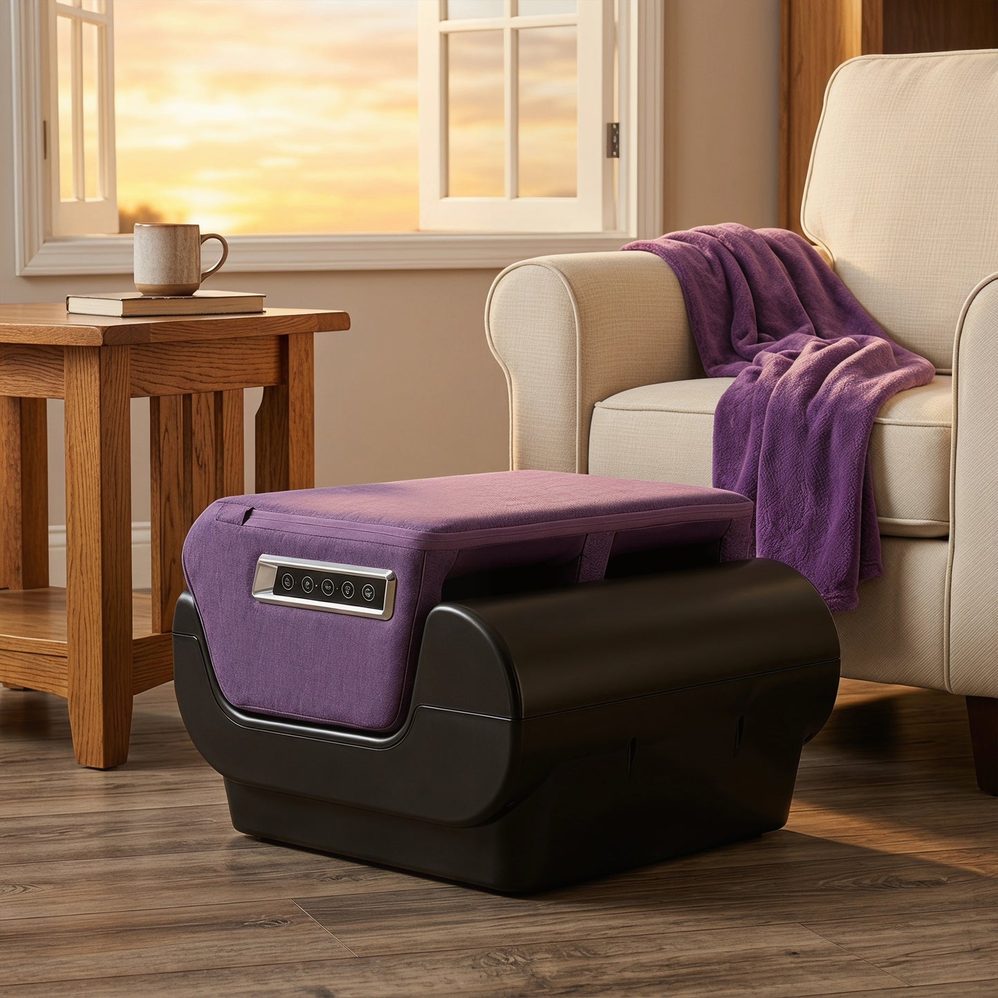 2-in-1 Foot & Calf Massager Ottoman | Heat | 360° Air Compression | 3 Modes & Intensities | Washable Sleeves | Purple & Black