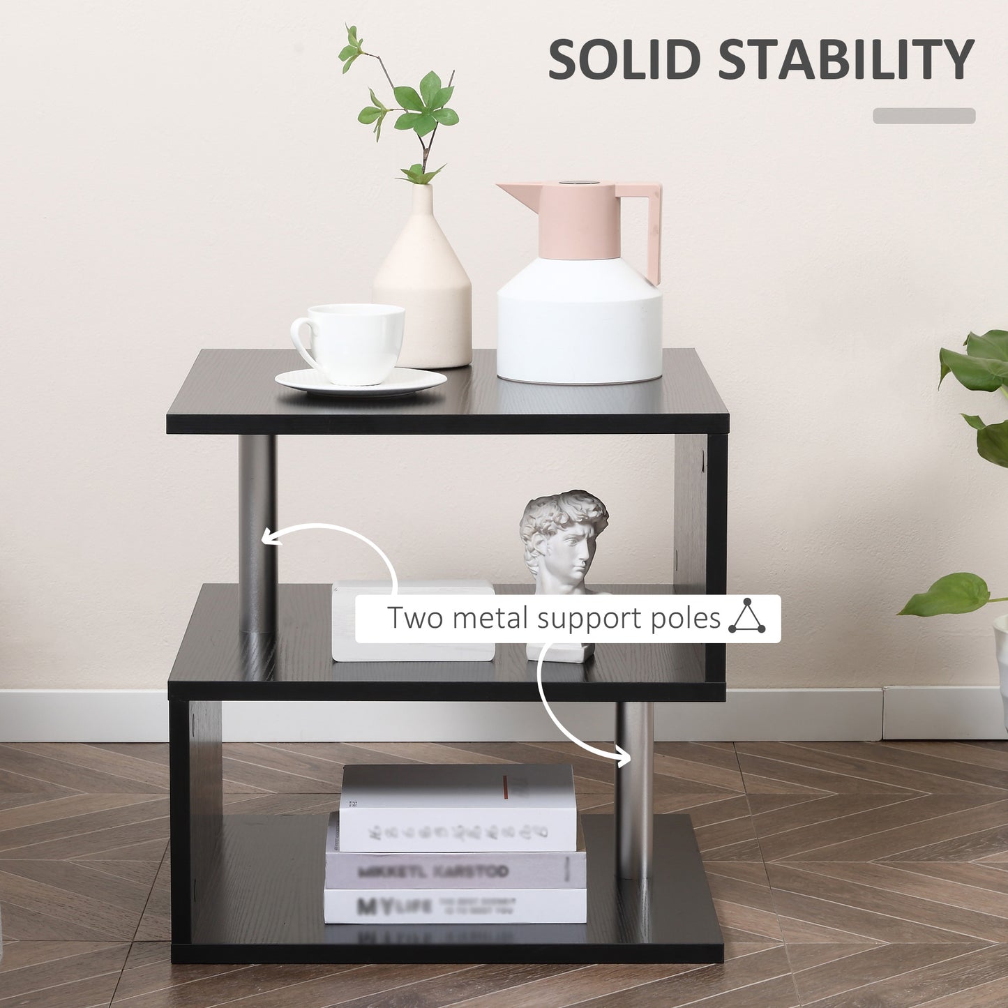 Wooden S Shape Cube Coffee Console Table 2 Tier Storage Shelves Organizer Office Bookcase Living Room End Desk Stand Display Set of 2 (Black)