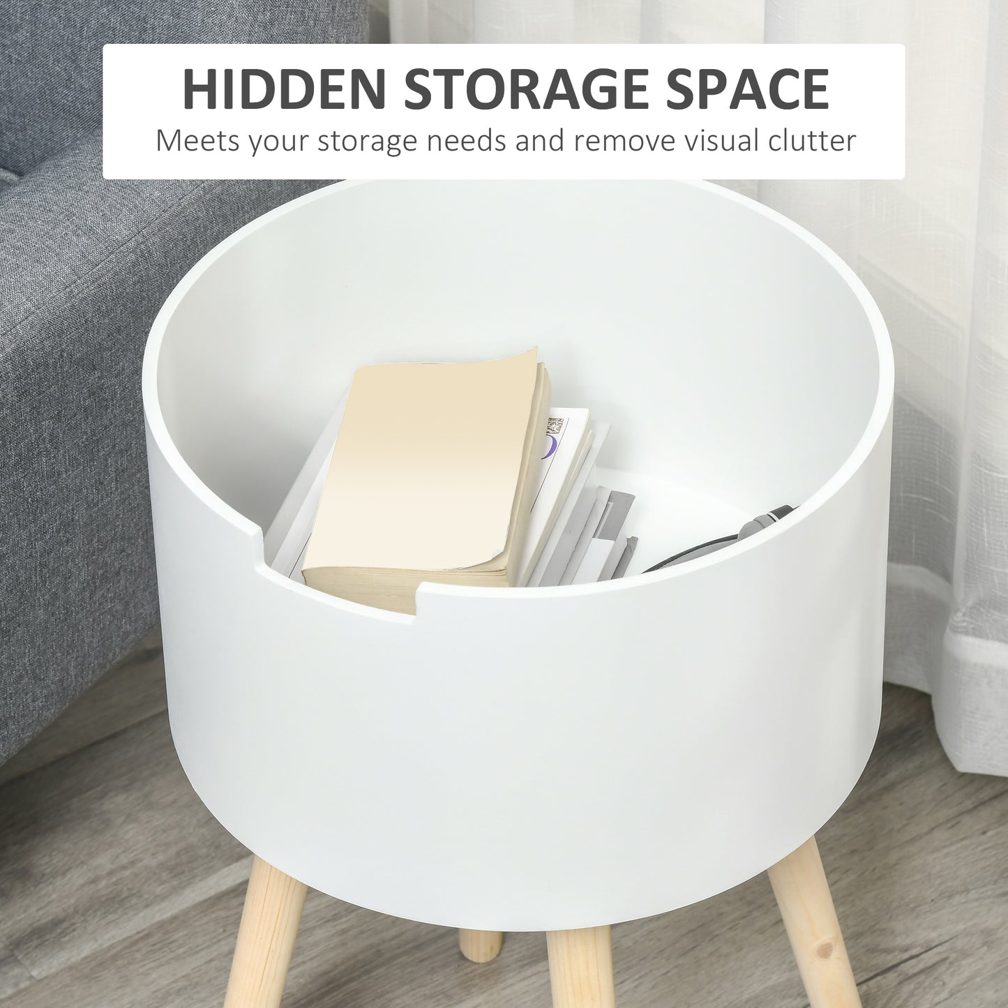 Modern Side Table With Hidden Storage Space, Round Night Stand / Removable Tray Wood Frame End Coffee Table, Set of 2 - White