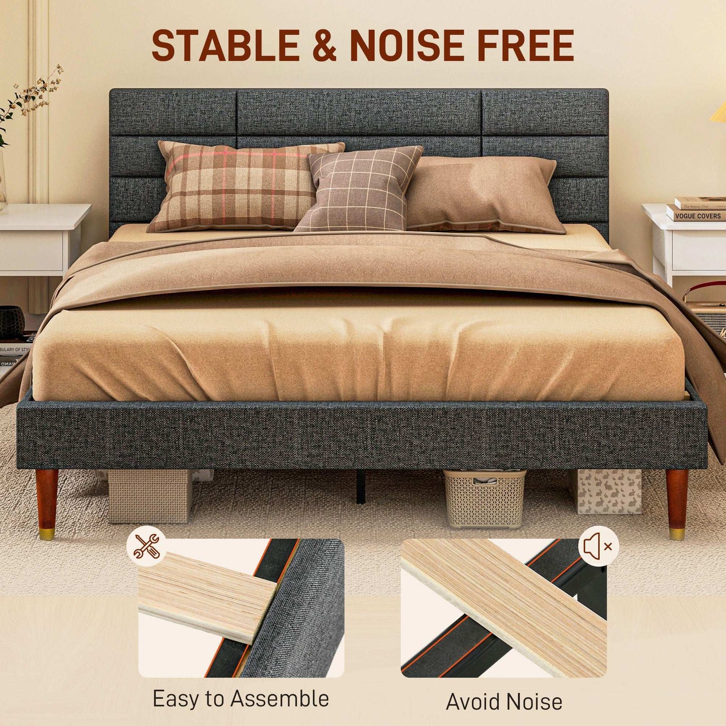 Upholstered King Bed Frame, With Slats - Grey