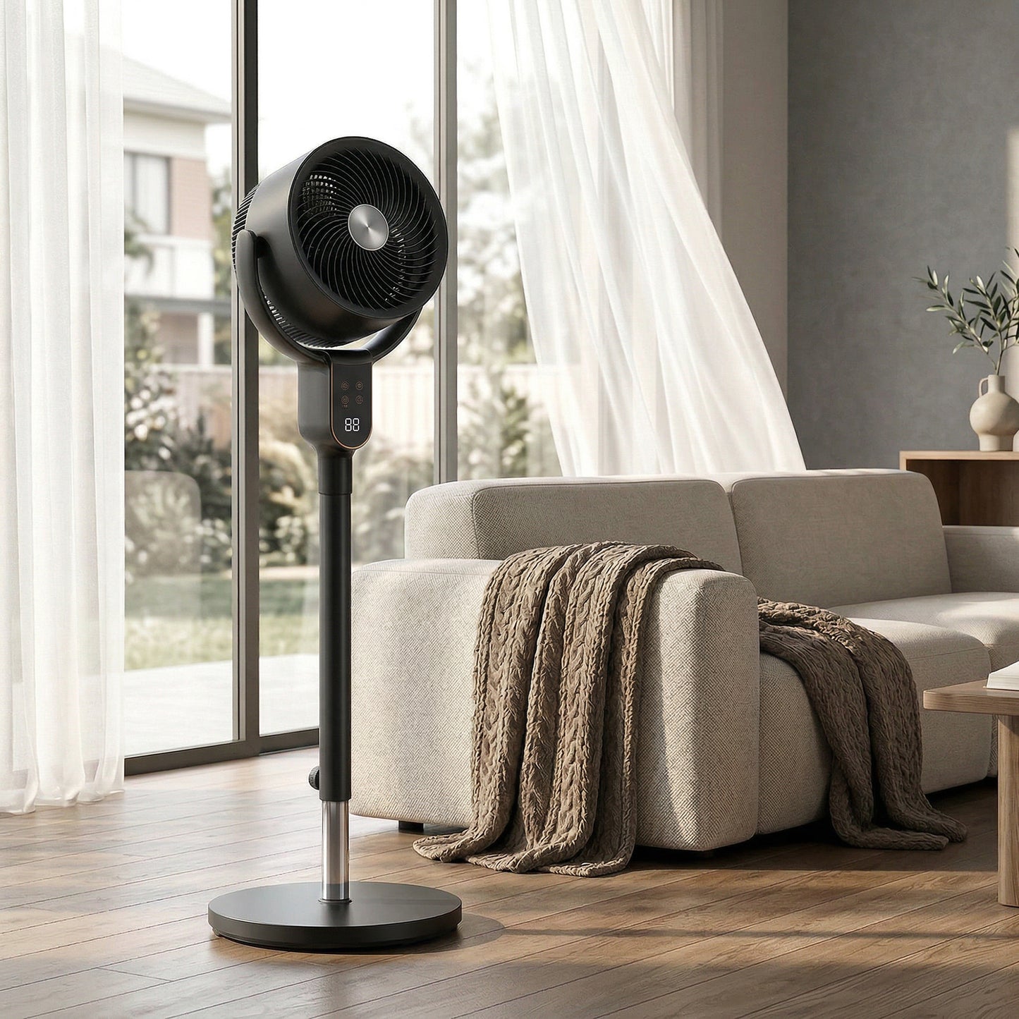 Pedestal Standing Fan | Turbo Mode | 20dB Sleep Mode | 8 Speeds | 16m³/min Airflow | 90° Oscillation | Aromatherapy Pad | Detachable Washable Grill | 5m Remote | 12H Timer | 50W | 83-107cm | Black