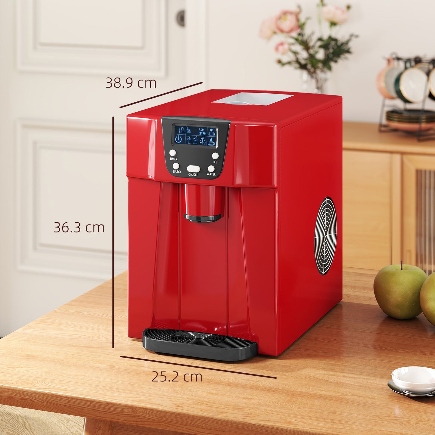 3L Ice Maker Machine and Water Dispenser, 12kg in 24H, 2 Sizes 9 Ice Cubes Ready in 6-10 Mins Ice Machine, Red
