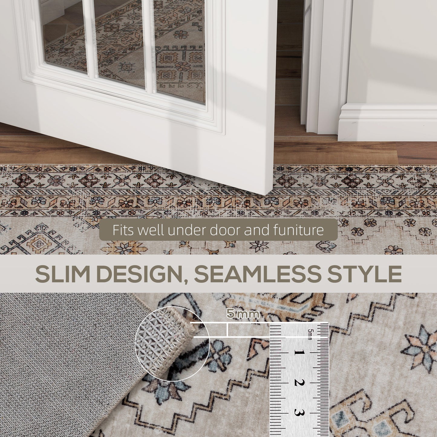 Vintage Retro Style Area Rug, Non-Slip Washable Rug, Flannel Floor Carpet for Living Room, Bedroom, Dining Room, Home Office, 230 x 160 cm, Beige