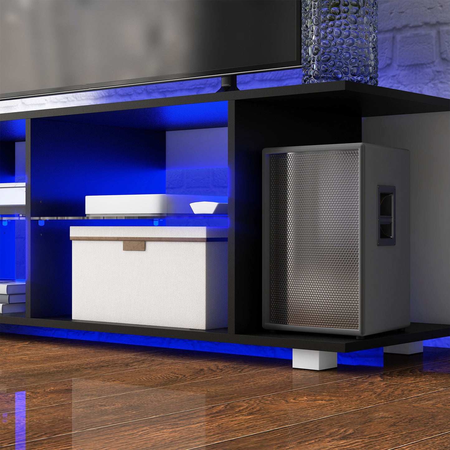 TV Stand, 145cm Modern TV Unit with Glass Shelves, RGB LED Light for 32 40 43 50 52 55 60 inch 4k TV, Black