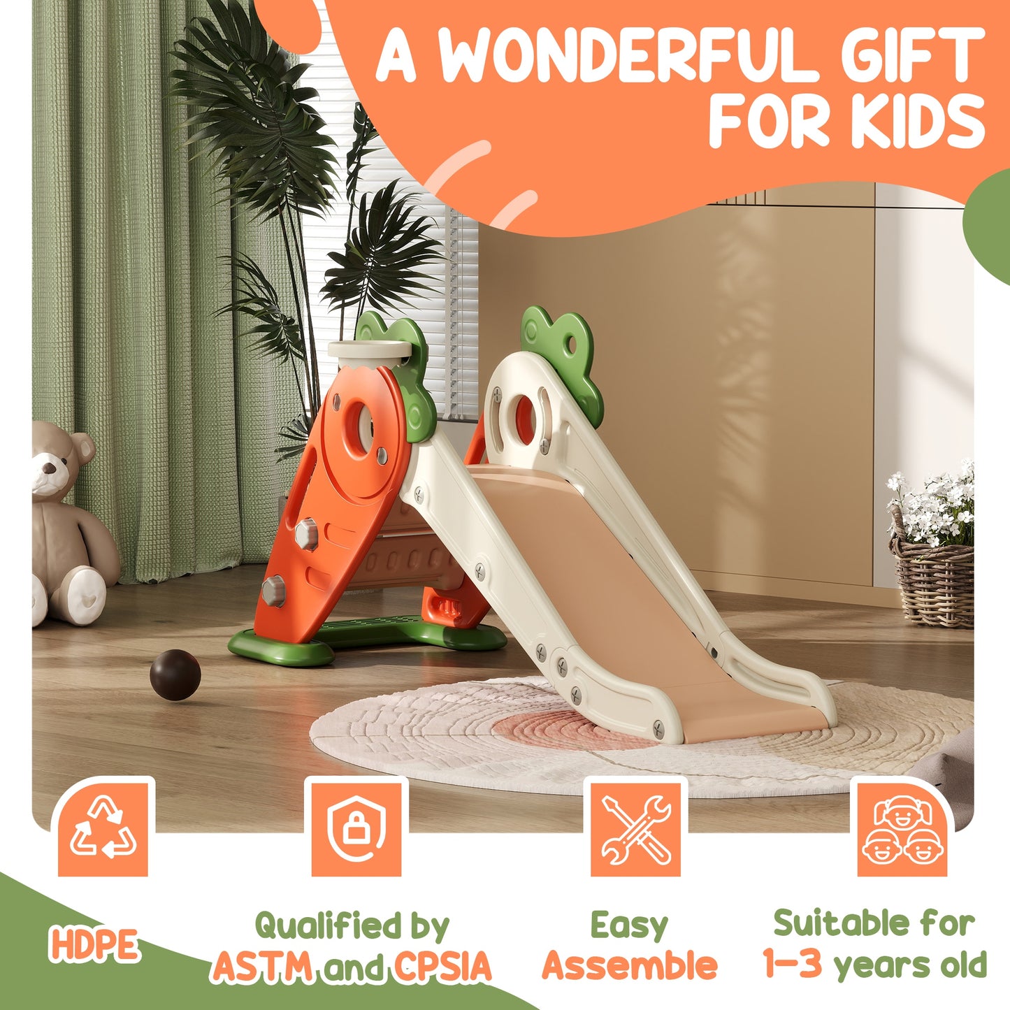 AIYAPLAY 3 in 1 Foldable Toddler Slide with Basketball Hoop, Climber, Carrot-themed, for 1-3 Years