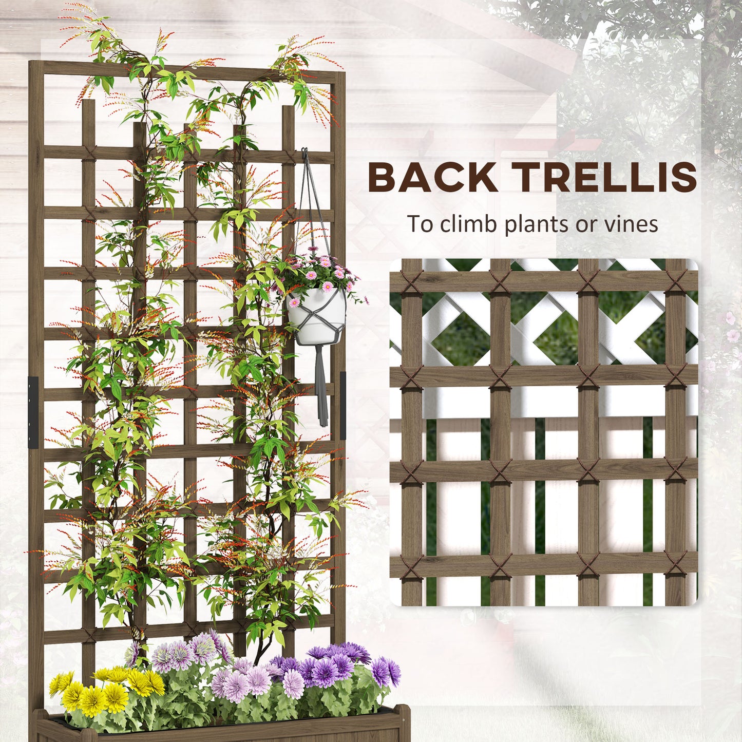 Outsunny Wooden Trellis Planter, Raised Garden Bed with Wheels and Bed Liner, to Climb and Grow Vegetables, Herbs and Flowers