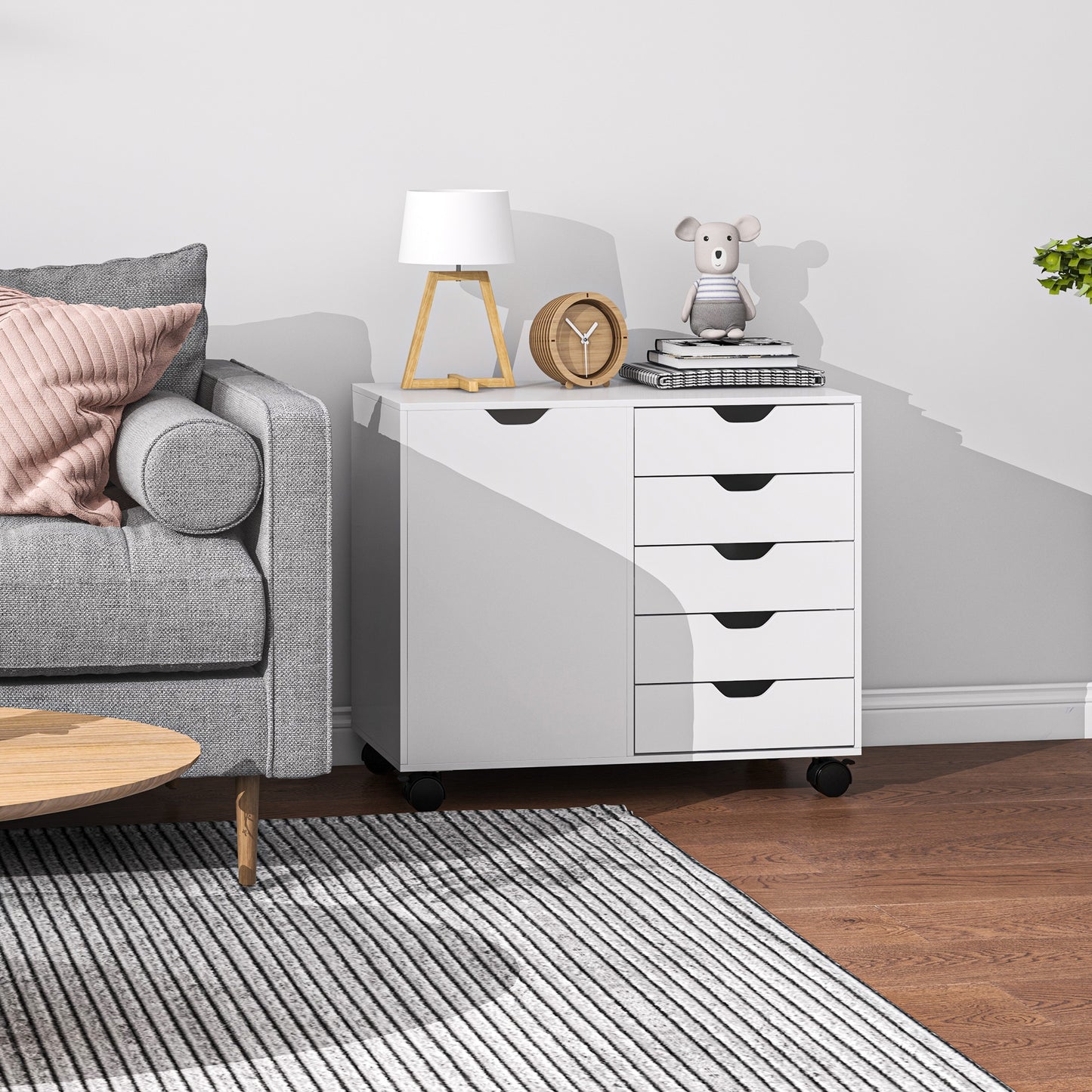 Mobile Filing Cabinet with 5 Drawers, Door and Adjustable Shelf, Rolling File Cabinet, Printer Table for Study