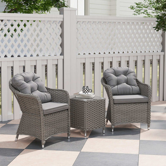 Outsunny 3 Pieces Rattan Bistro Set , Glass Top Balcony Table and Chairs with Cushions for Outdoor, Patio, Balcony, Light Grey