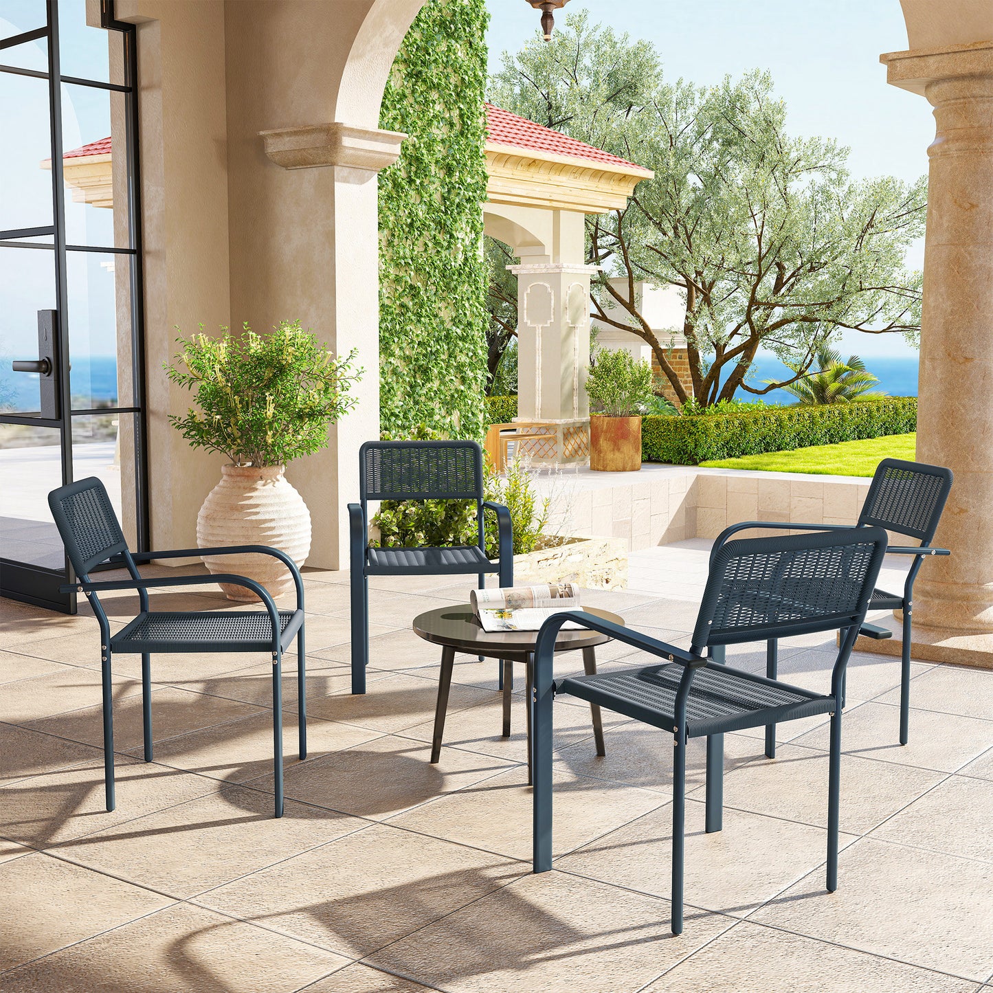 Garden Chairs Set of 4, Stackable Rattan Effect Dining Chairs with Armrest, Weather Resistant and Lightweight for Patio, Balcony, Terrace, Dark Grey