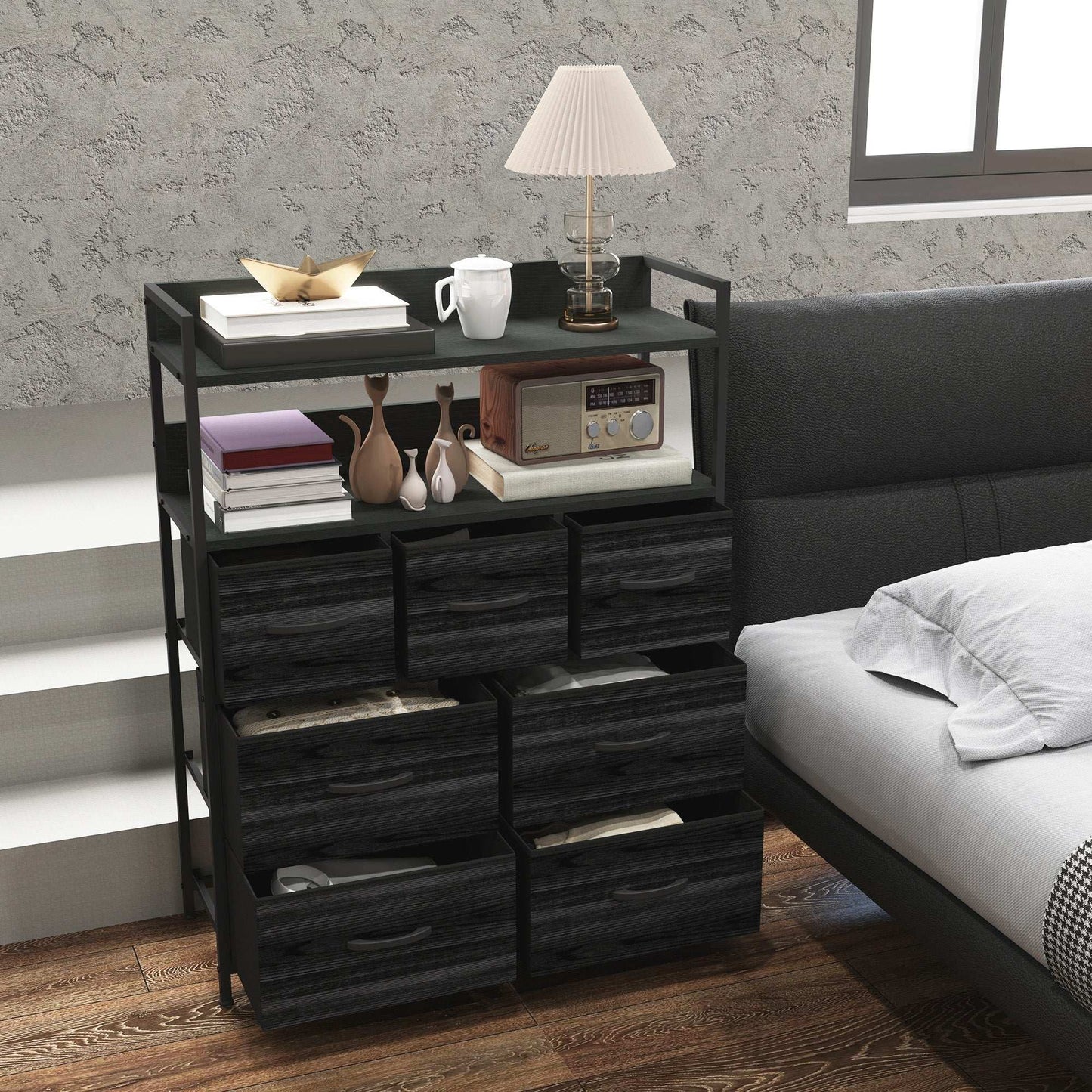 ustic Chest of Seven Fabric Drawers - Black