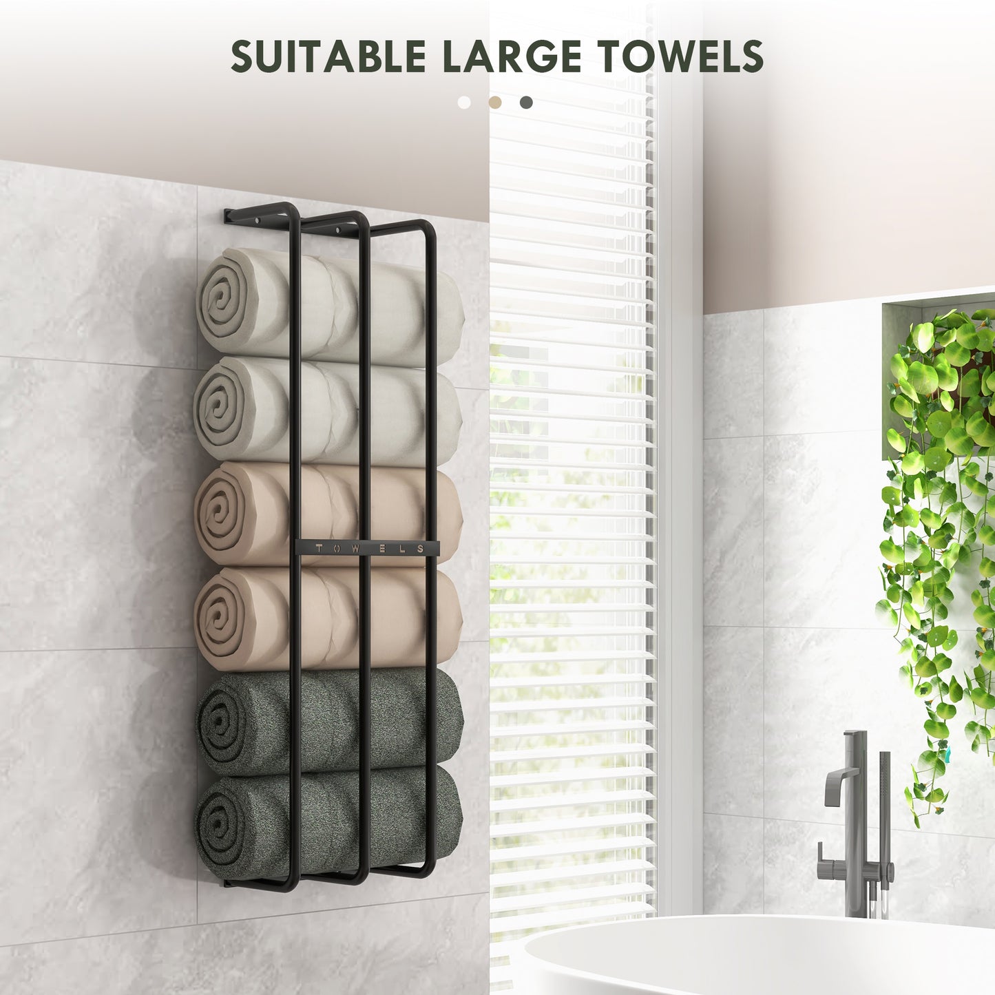 Towel Rail Wall Mounted Metal Rack Holder Organiser Holds Up to 6 Large Size (160 x 100cm) Rolled Towels, 3 Bar Towel Storage for Bathroom - Black